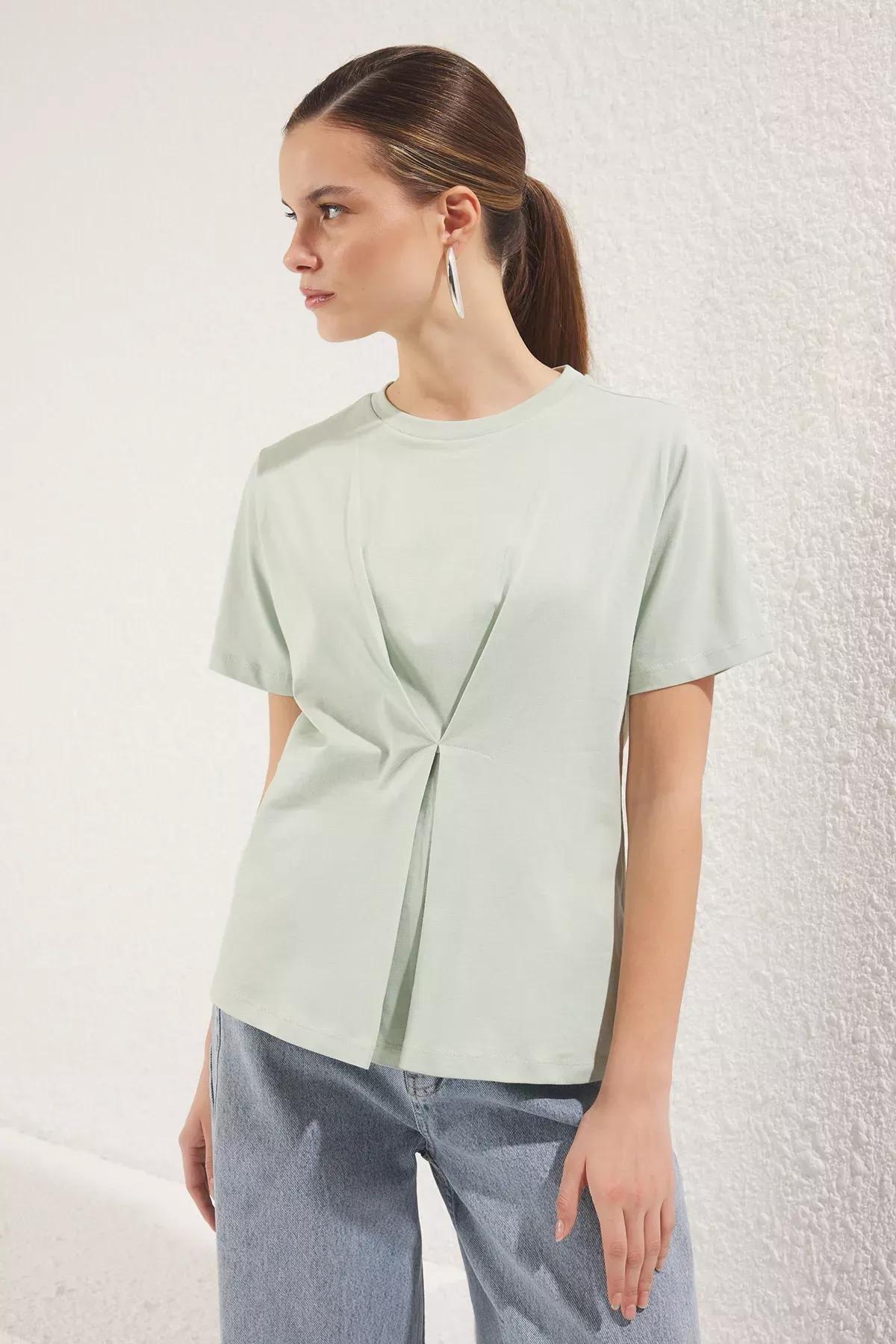 Green Pleated Crew Neck Knit Blouse, Mint, large image number 1