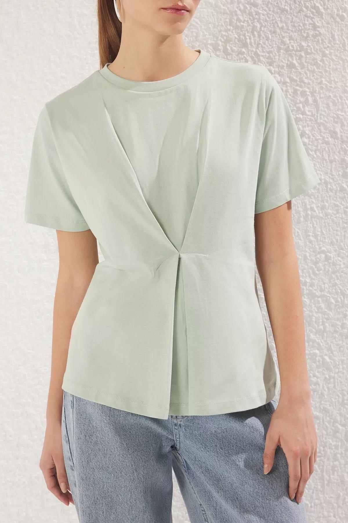 Green Pleated Crew Neck Knit Blouse, Mint, large image number 2