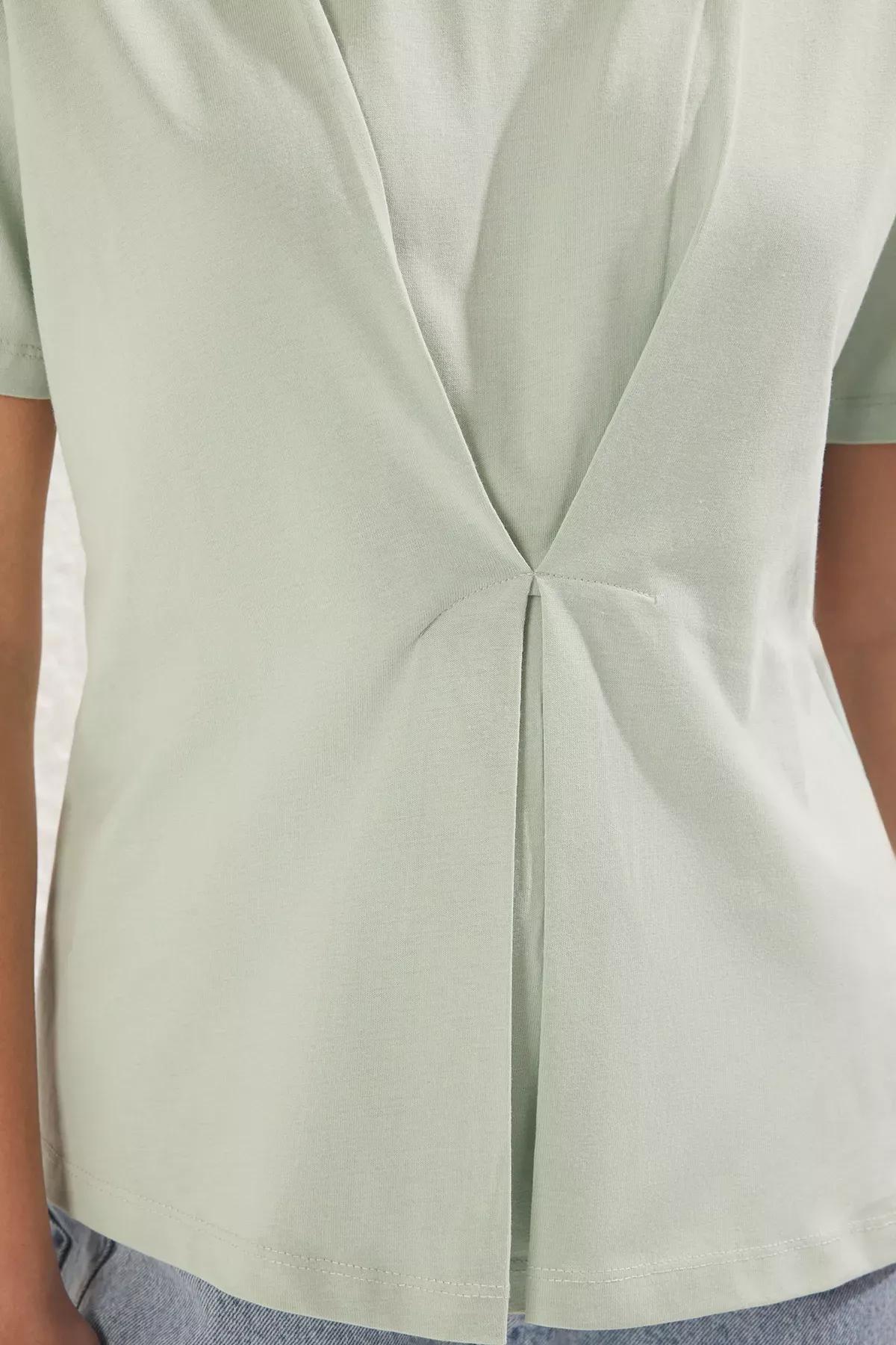 Green Pleated Crew Neck Knit Blouse, Mint, large image number 3