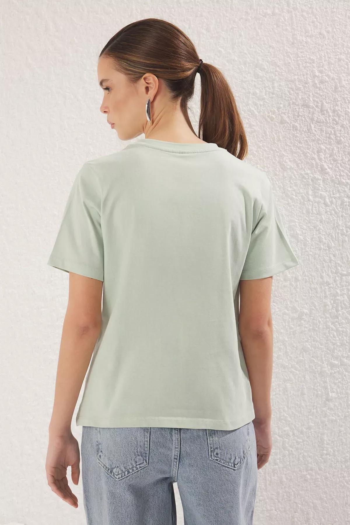 Green Pleated Crew Neck Knit Blouse, Mint, large image number 4