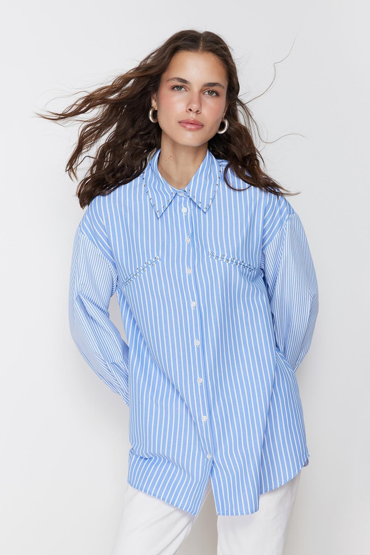 Blue Stone Detailed Cotton Woven Striped Shirt, , large image number 0