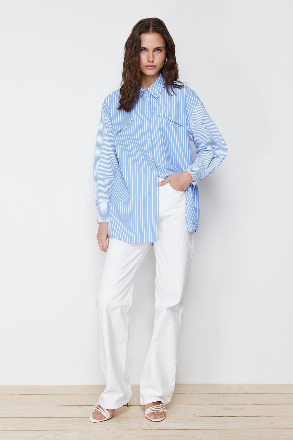 Blue Stone Detailed Cotton Woven Striped Shirt, , large image number 1