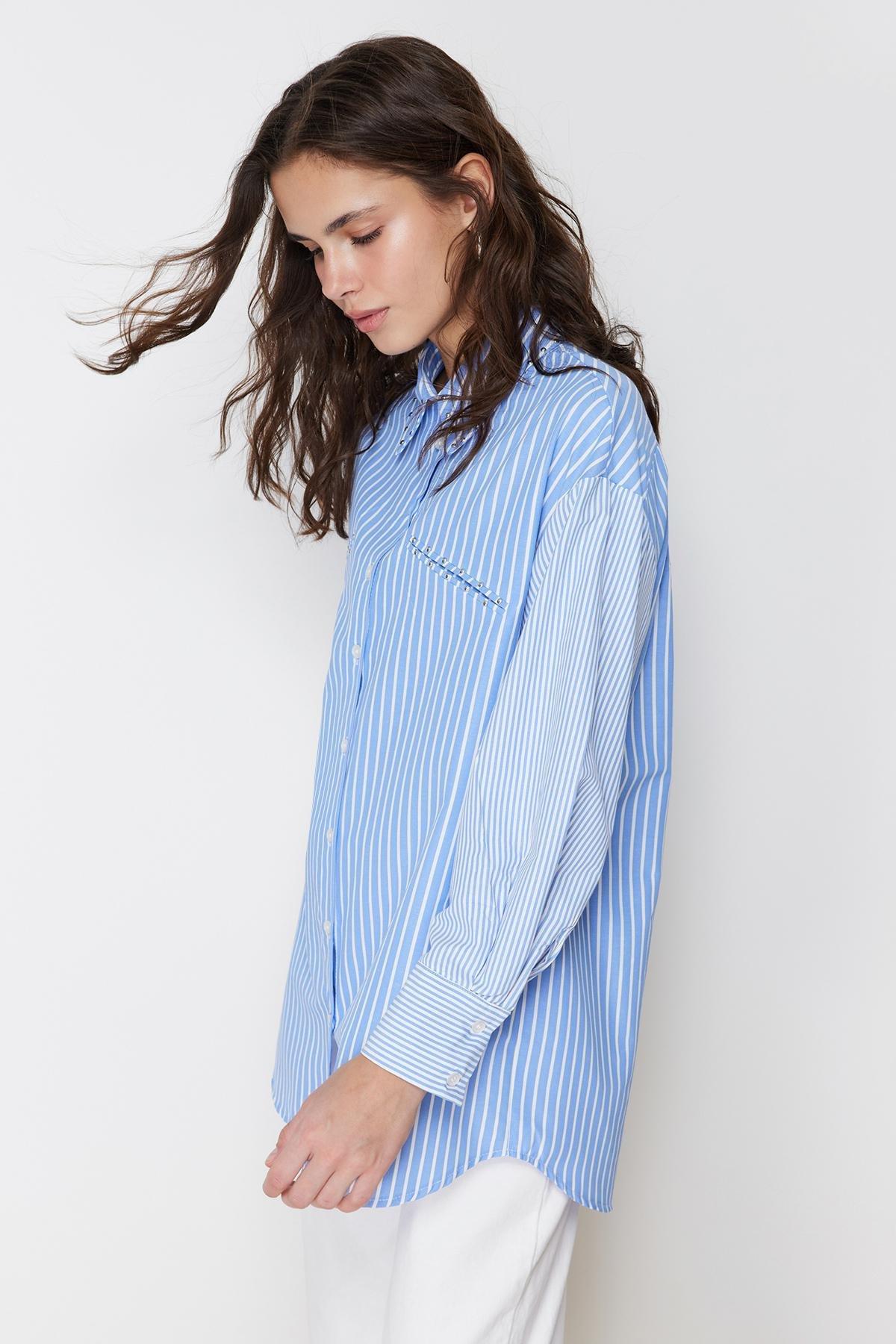 Blue Stone Detailed Cotton Woven Striped Shirt, , large image number 2