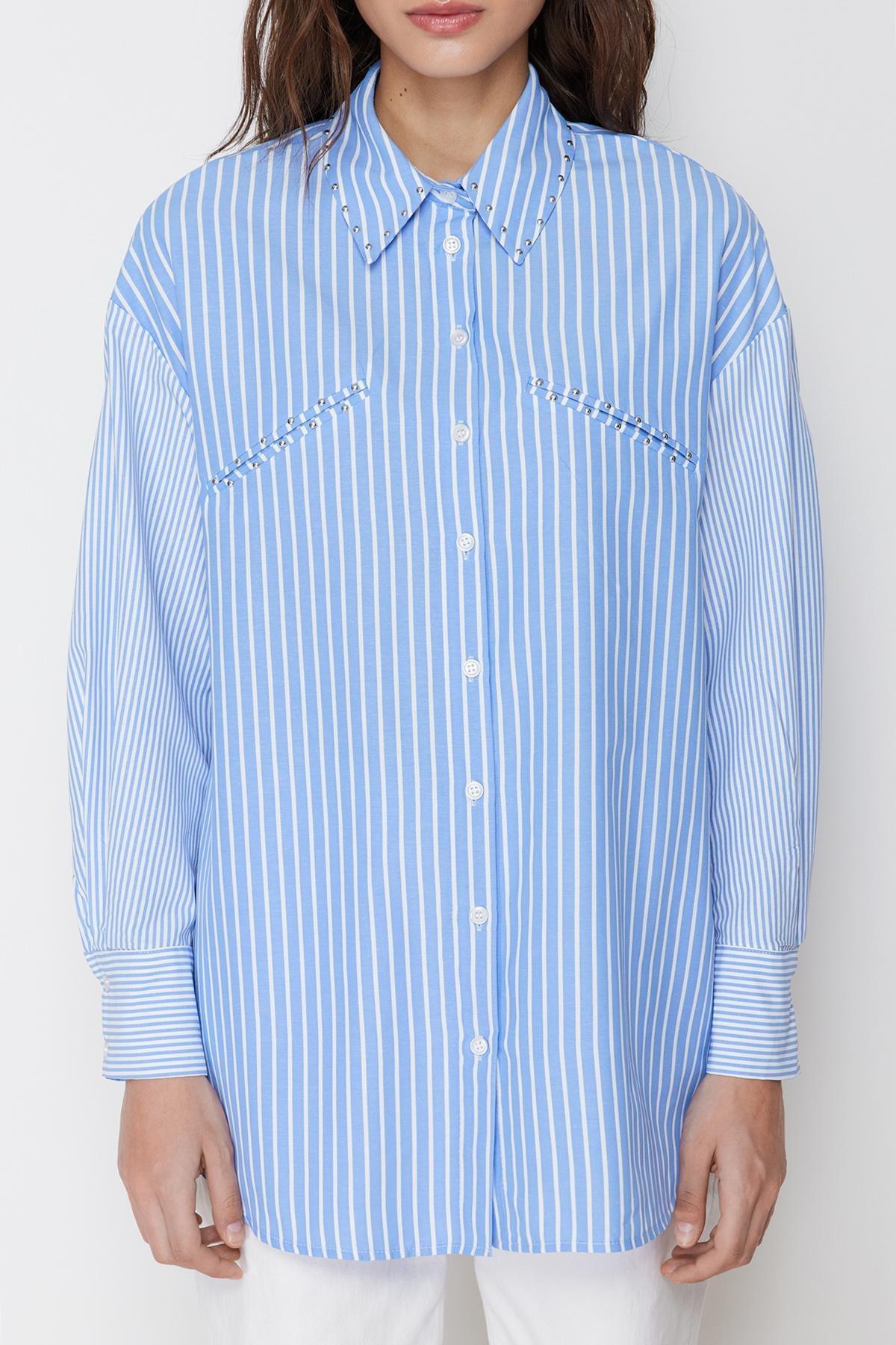 Blue Stone Detailed Cotton Woven Striped Shirt, , large image number 3