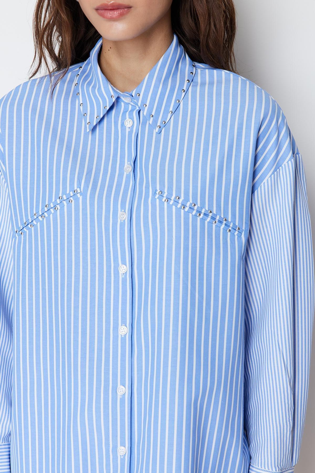 Blue Stone Detailed Cotton Woven Striped Shirt, , large image number 4