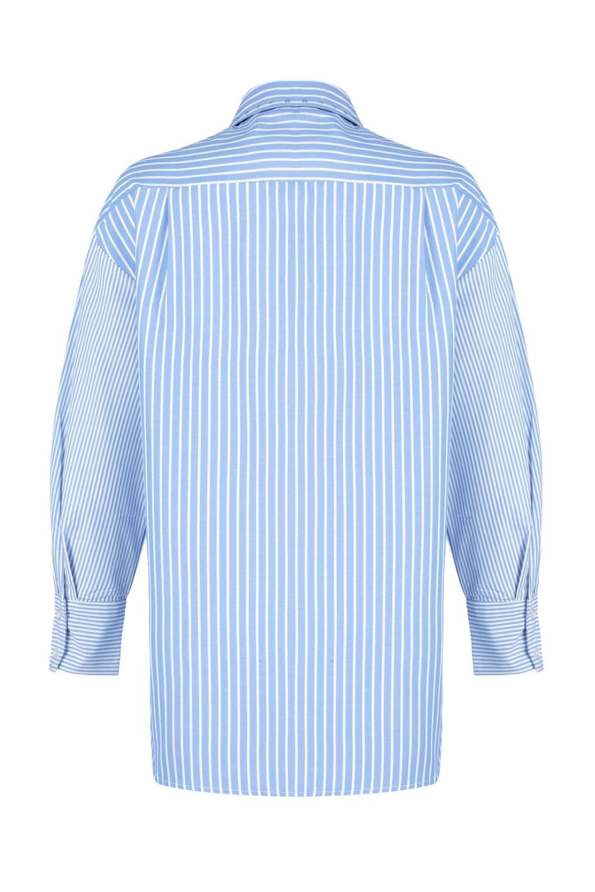 Blue Stone Detailed Cotton Woven Striped Shirt, , large image number 5