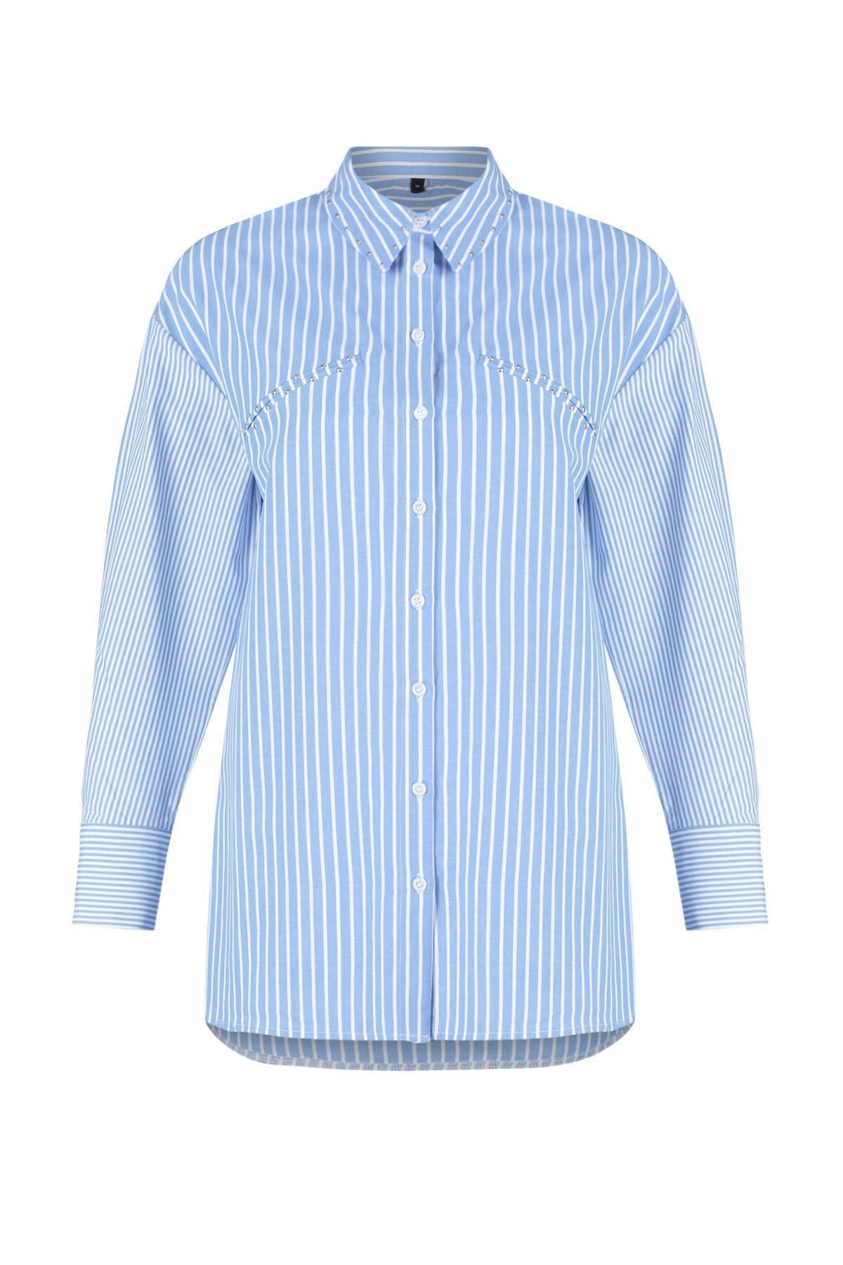Blue Stone Detailed Cotton Woven Striped Shirt, , large image number 6