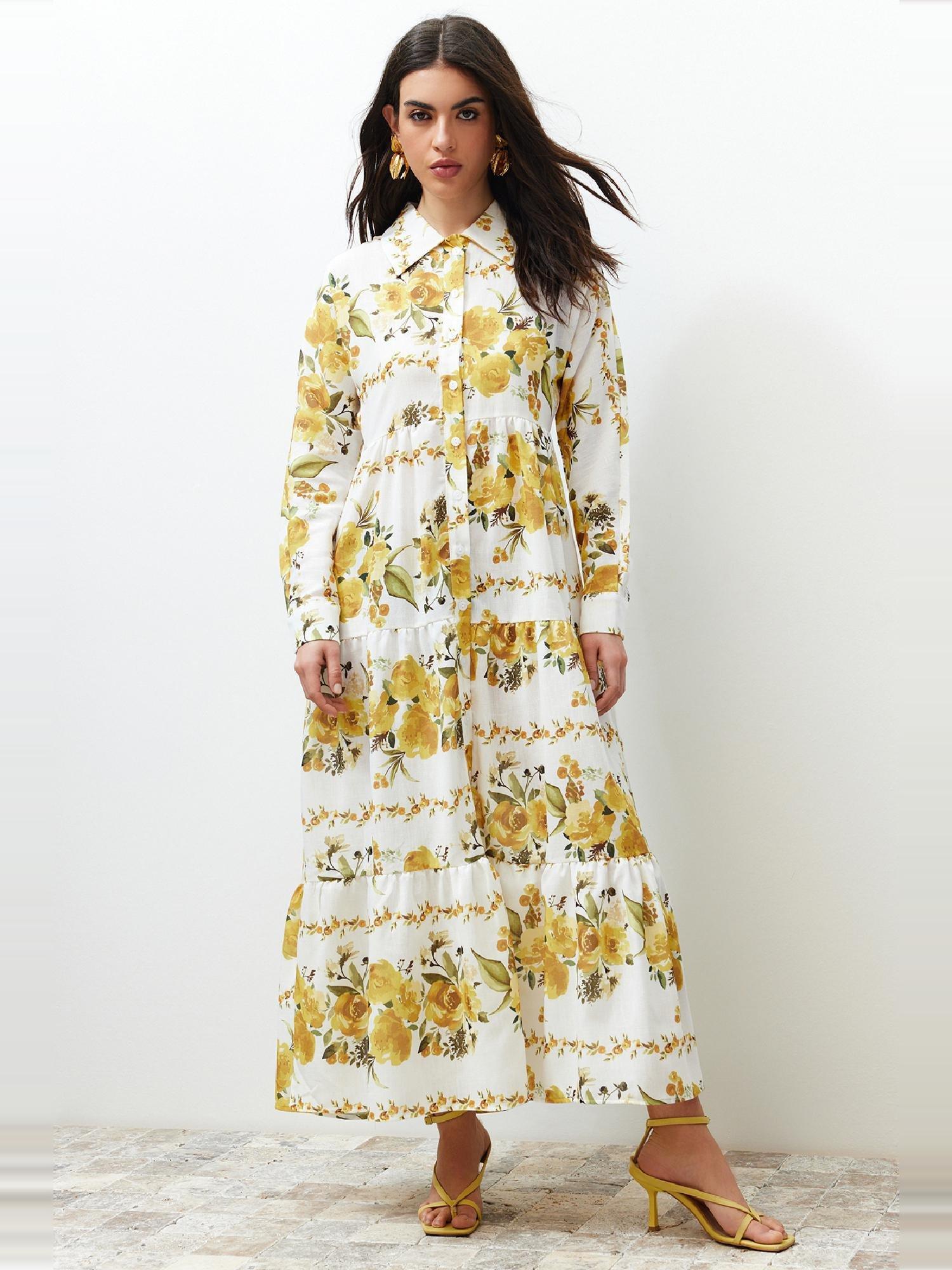 Yellow Floral Woven Shirt Linen Look Dress TCTSS24EB00104, , large image number 0