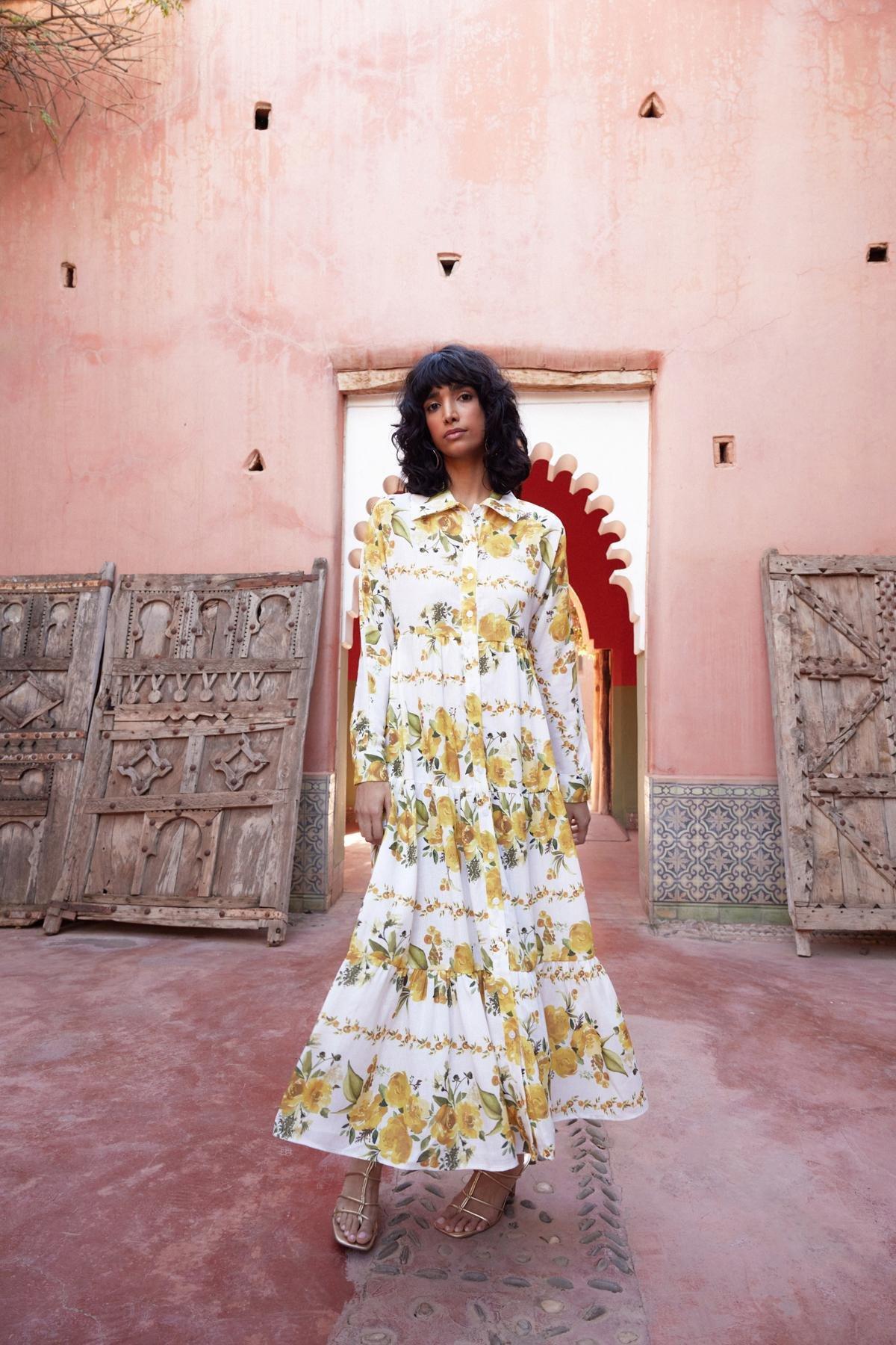 Yellow Floral Woven Shirt Linen Look Dress TCTSS24EB00104, , large image number 1