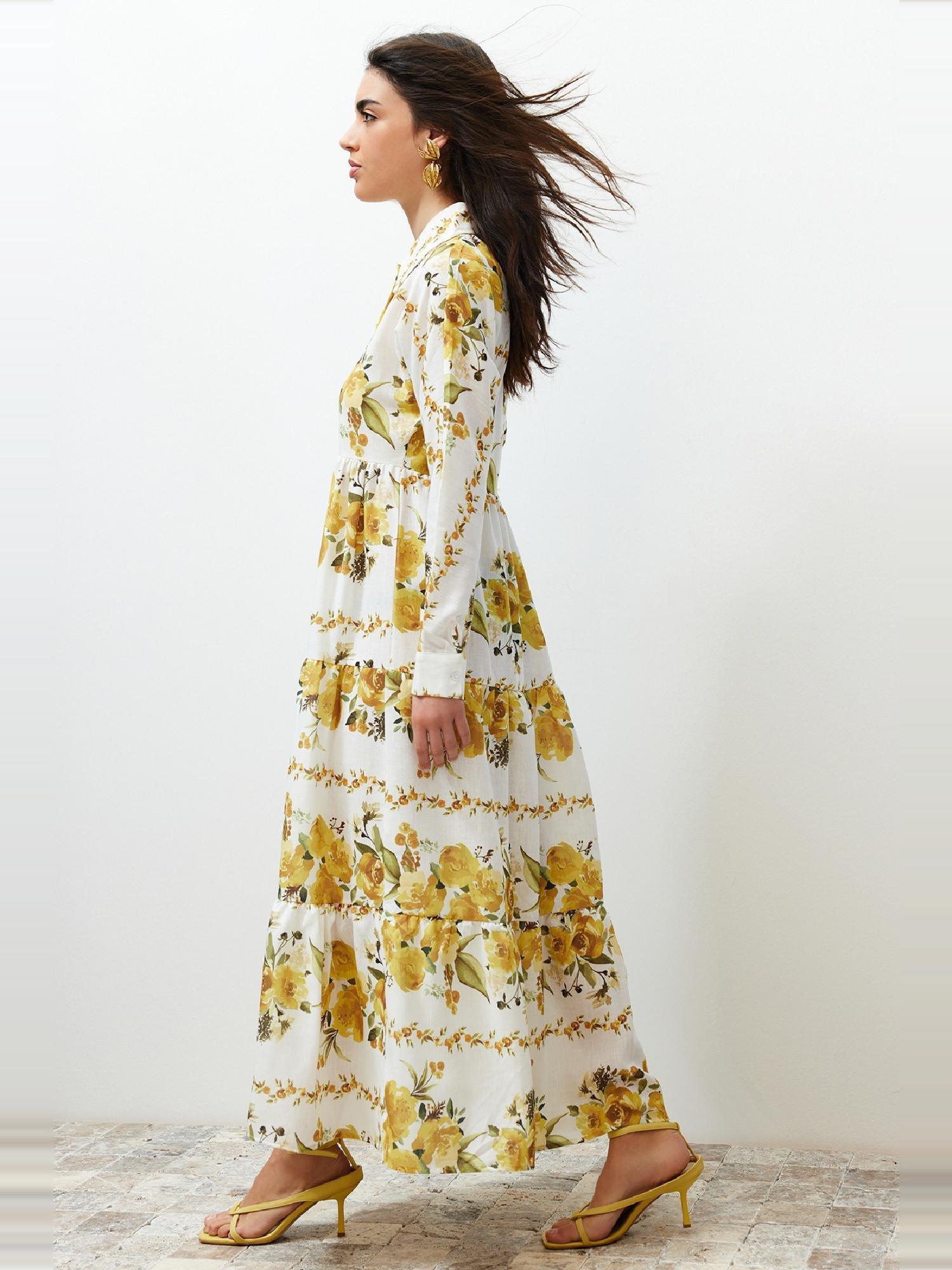 Yellow Floral Woven Shirt Linen Look Dress TCTSS24EB00104, , large image number 2