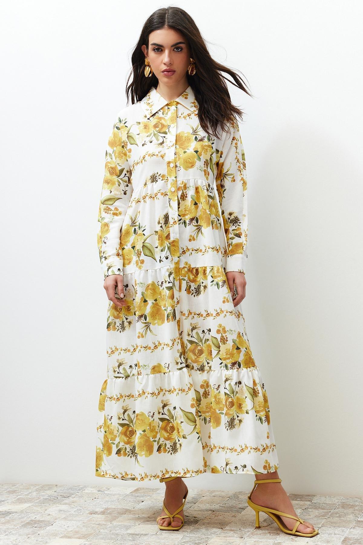 Yellow Floral Woven Shirt Linen Look Dress TCTSS24EB00104, , large image number 3