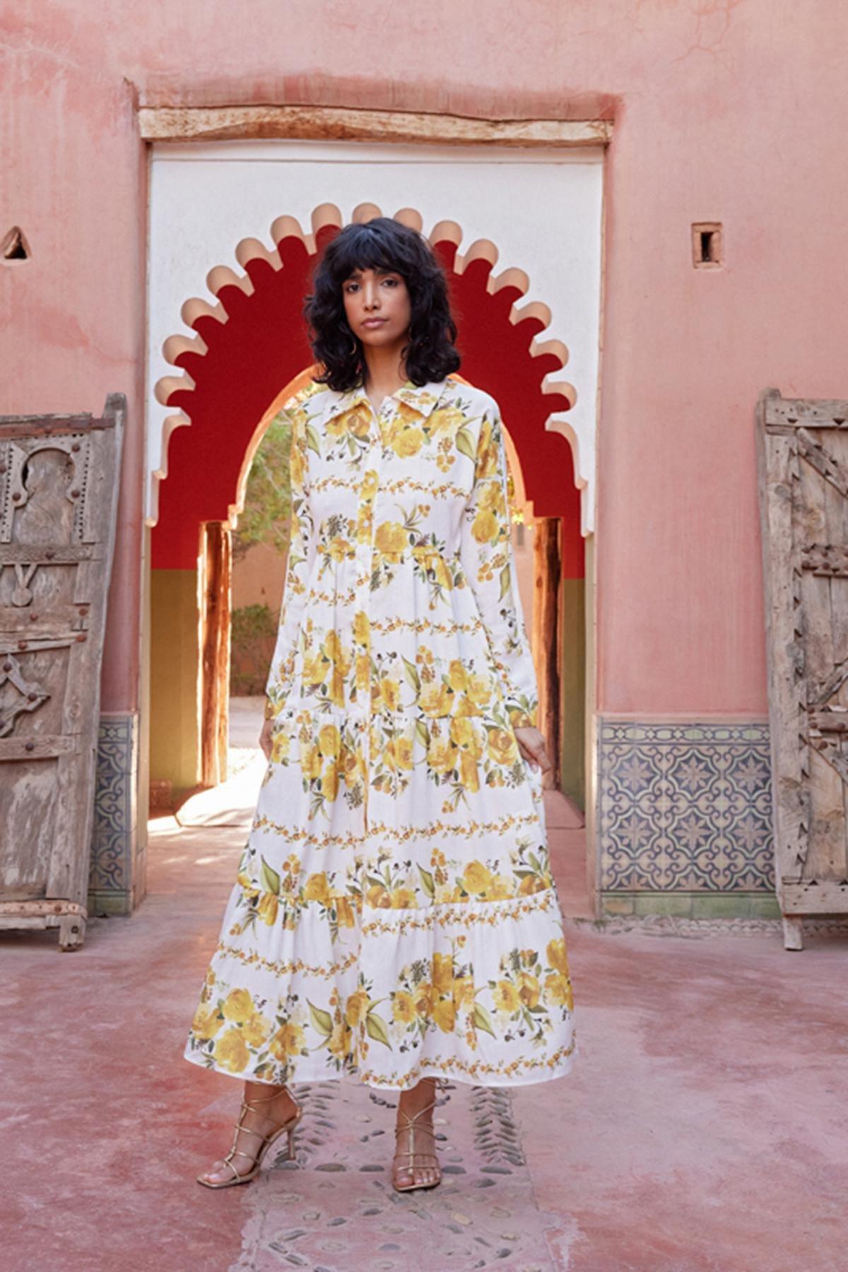 Yellow Floral Woven Shirt Linen Look Dress TCTSS24EB00104, , large image number 4