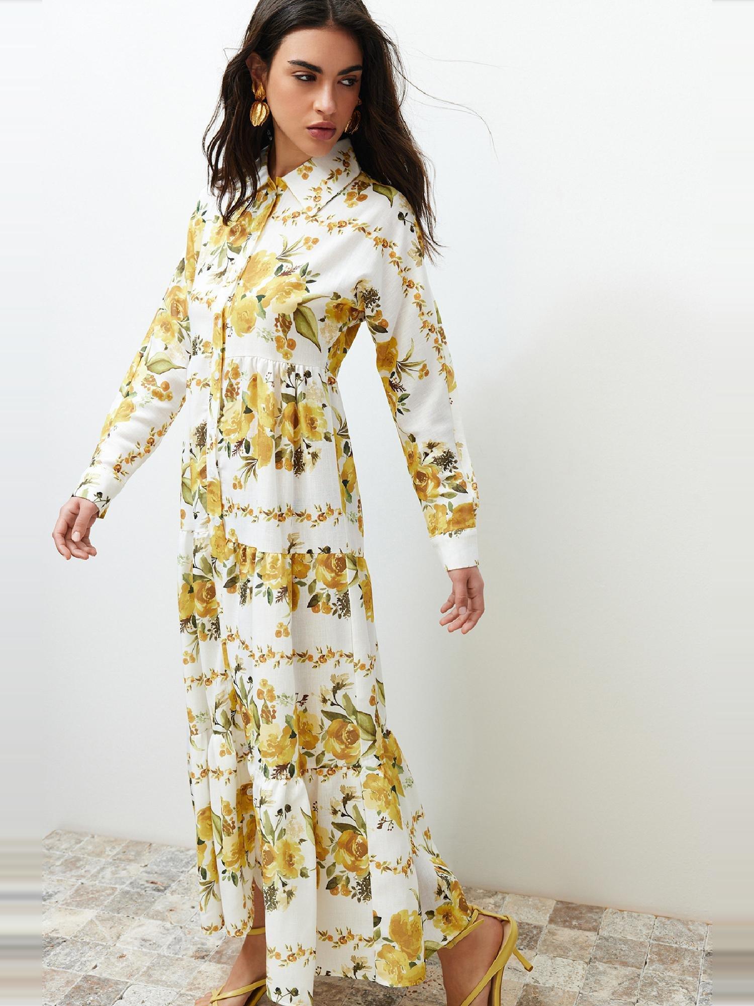 Yellow Floral Woven Shirt Linen Look Dress TCTSS24EB00104, , large image number 5