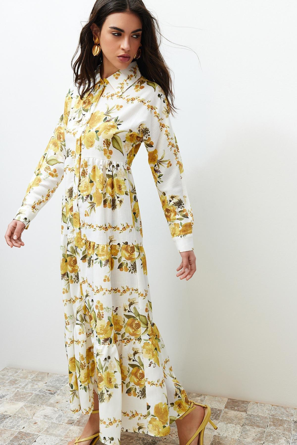 Yellow Floral Woven Shirt Linen Look Dress TCTSS24EB00104, , large image number 6