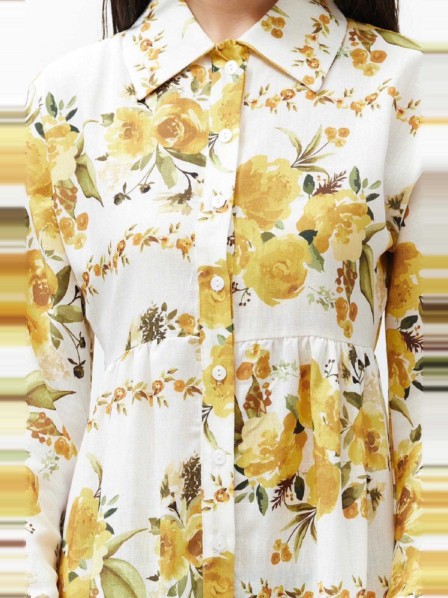 Yellow Floral Woven Shirt Linen Look Dress TCTSS24EB00104, , large image number 7