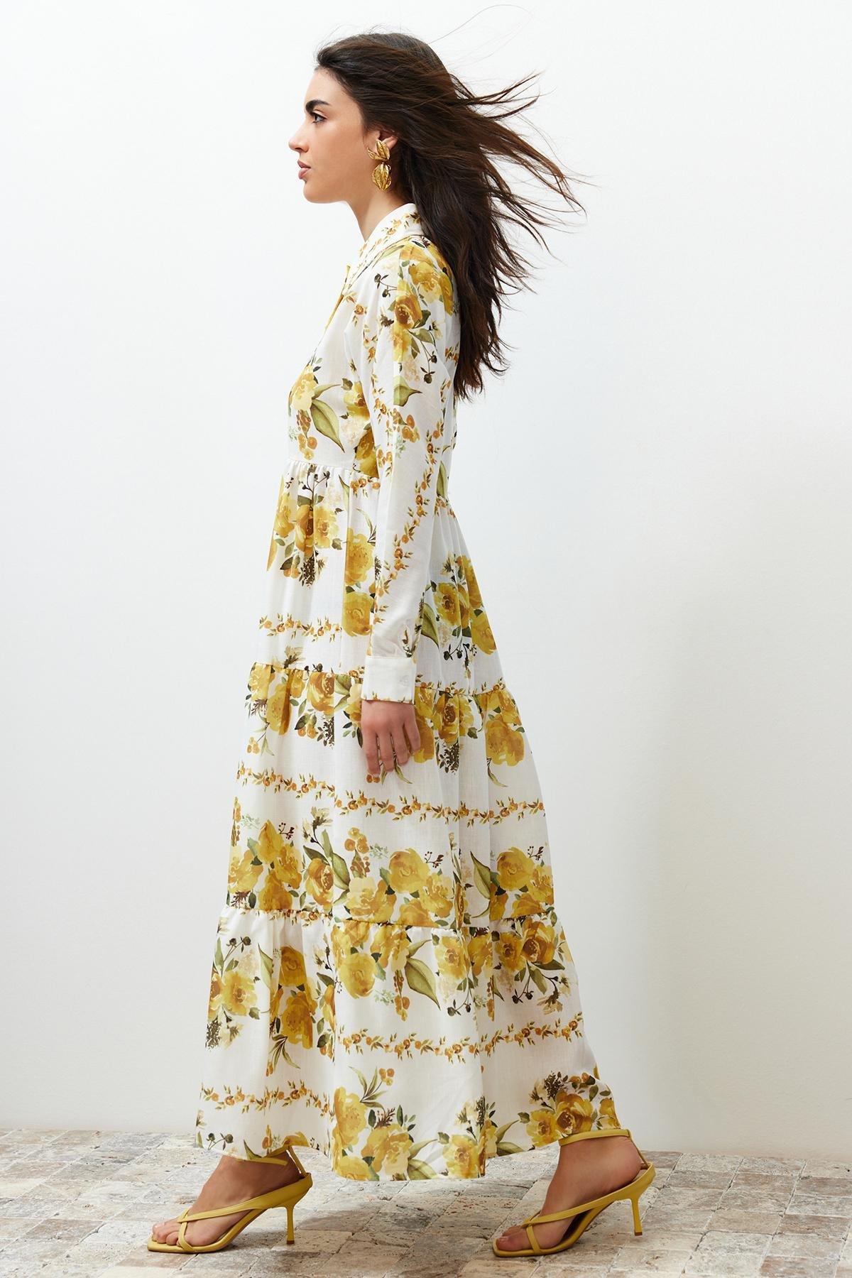 Yellow Floral Woven Shirt Linen Look Dress TCTSS24EB00104, , large image number 8