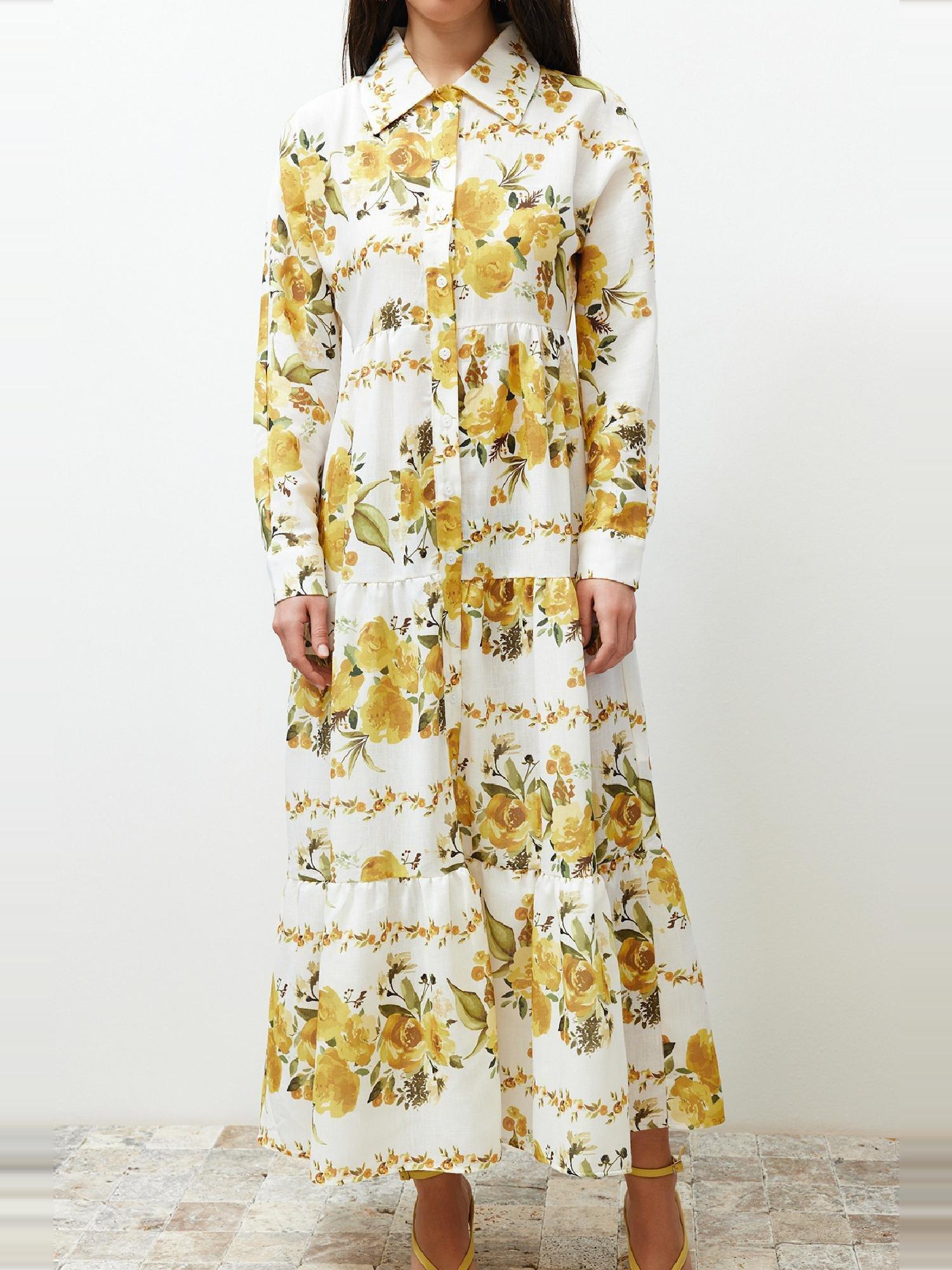Yellow Floral Woven Shirt Linen Look Dress TCTSS24EB00104, , large image number 9