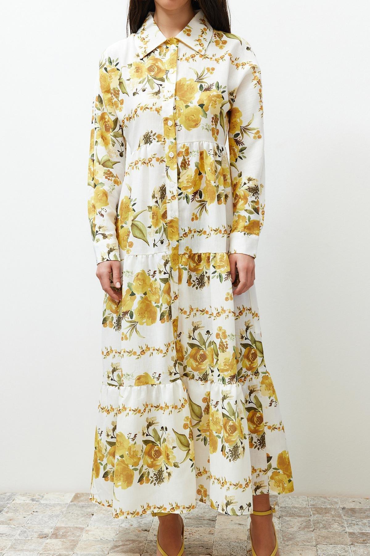 Yellow Floral Woven Shirt Linen Look Dress TCTSS24EB00104, , large image number 10