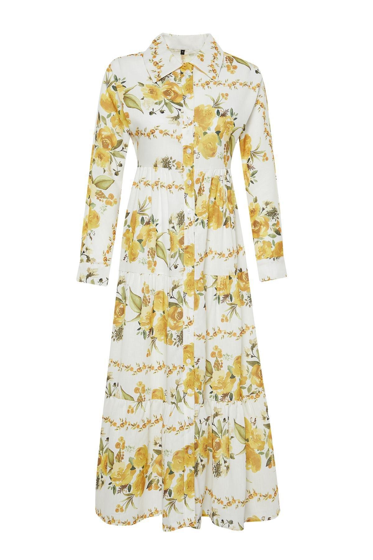 Yellow Floral Woven Shirt Linen Look Dress TCTSS24EB00104, , large image number 12