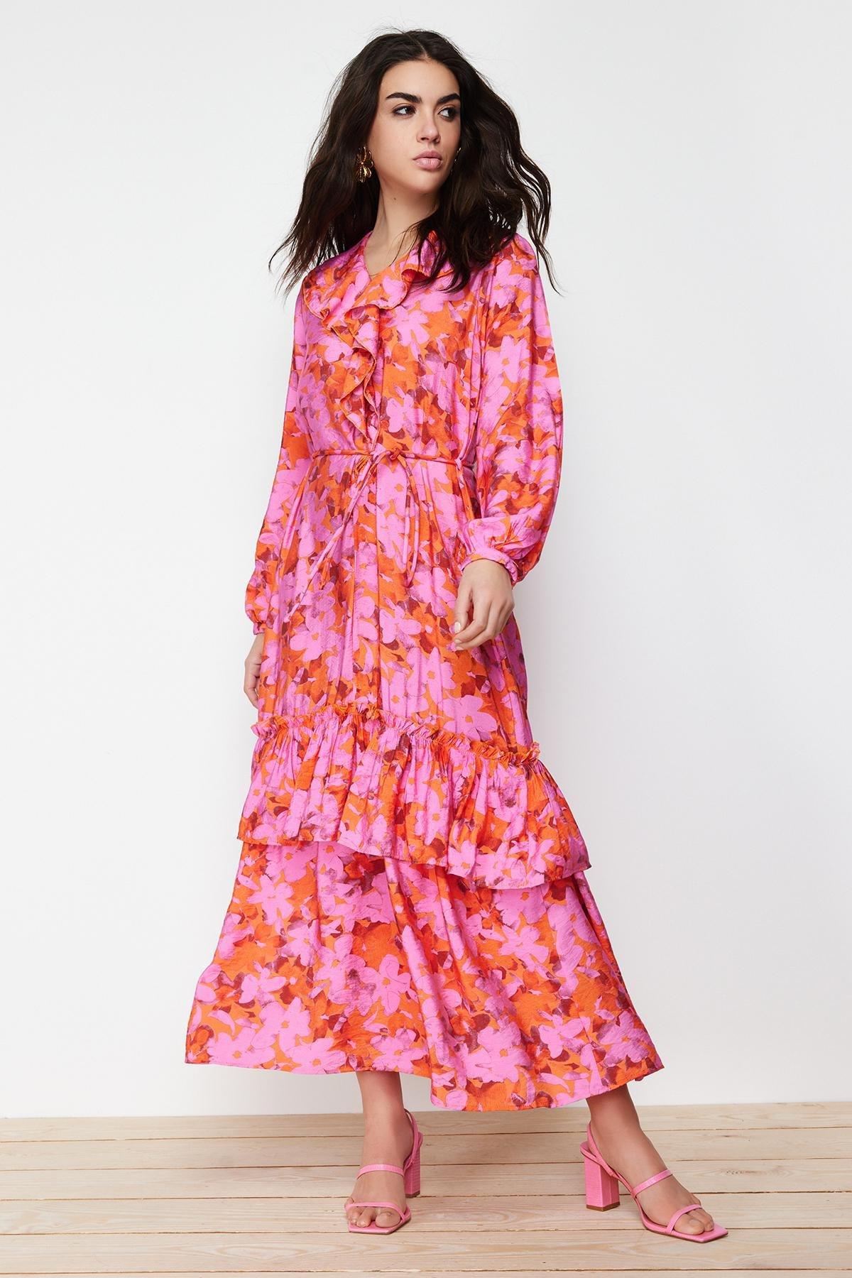 Pink Collar Ruffle Detailed Woven Dress, , large image number 0