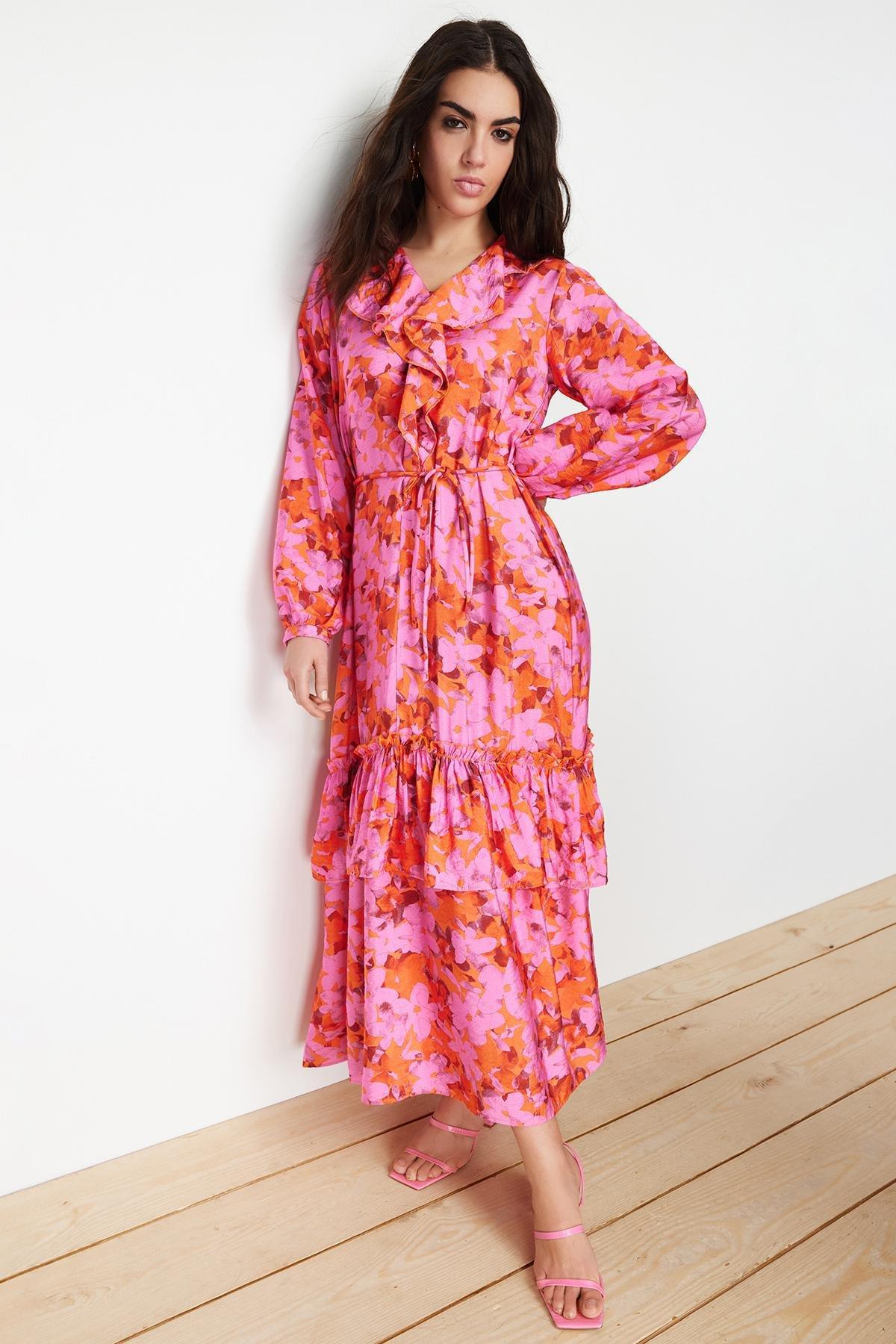 Pink Collar Ruffle Detailed Woven Dress, , large image number 1