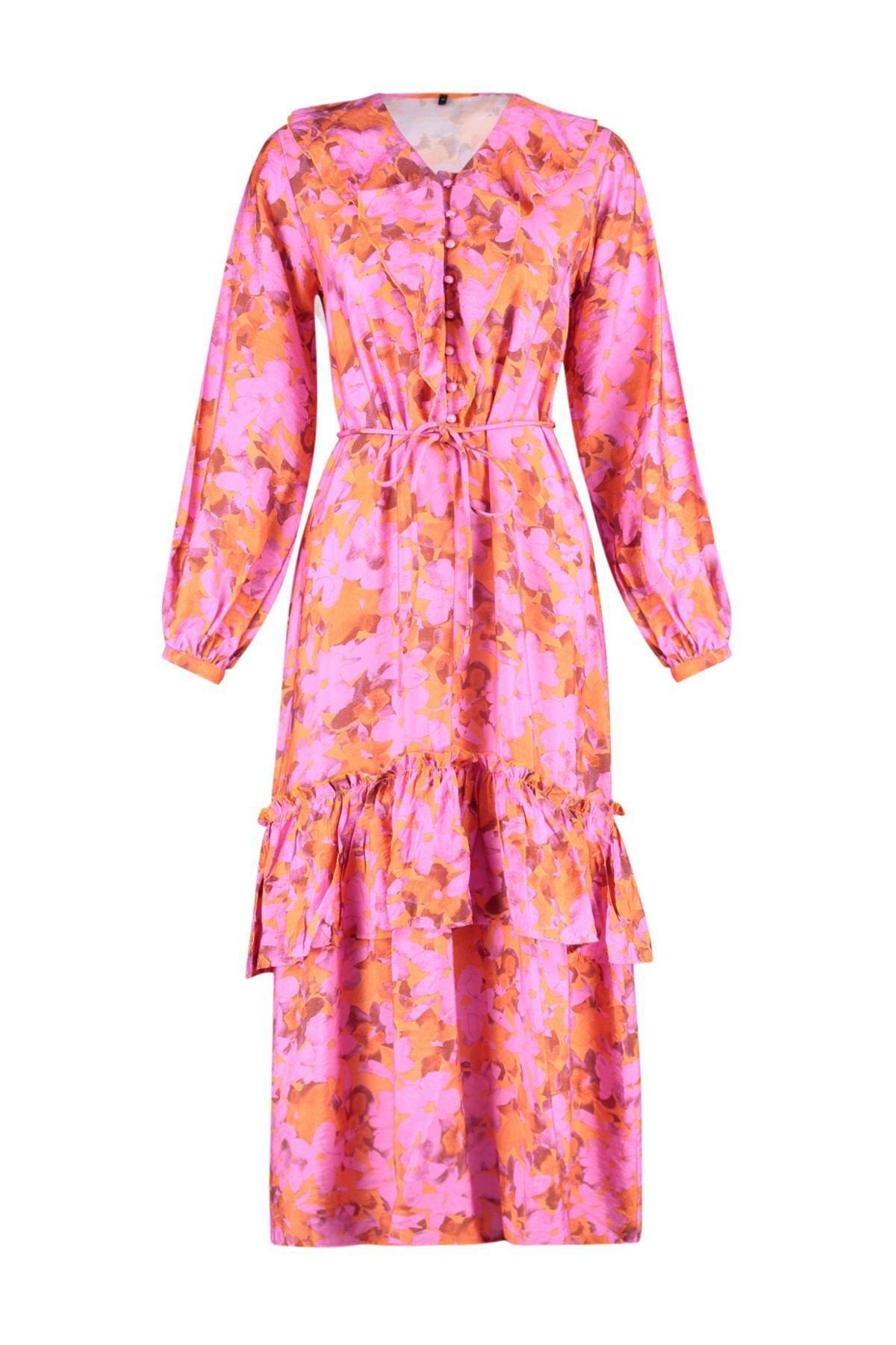 Pink Collar Ruffle Detailed Woven Dress, , large image number 4
