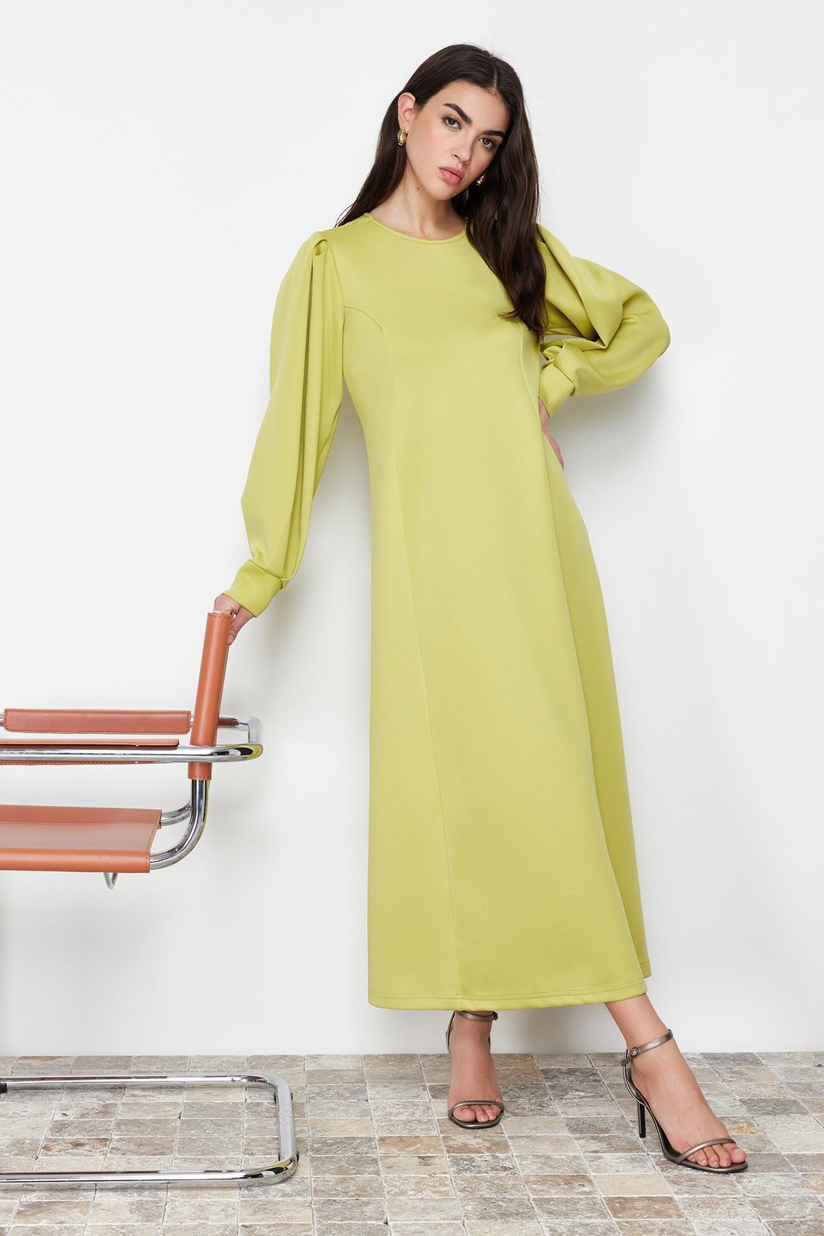 Green Scuba Shoulder Detailed Knitted Dress, , medium