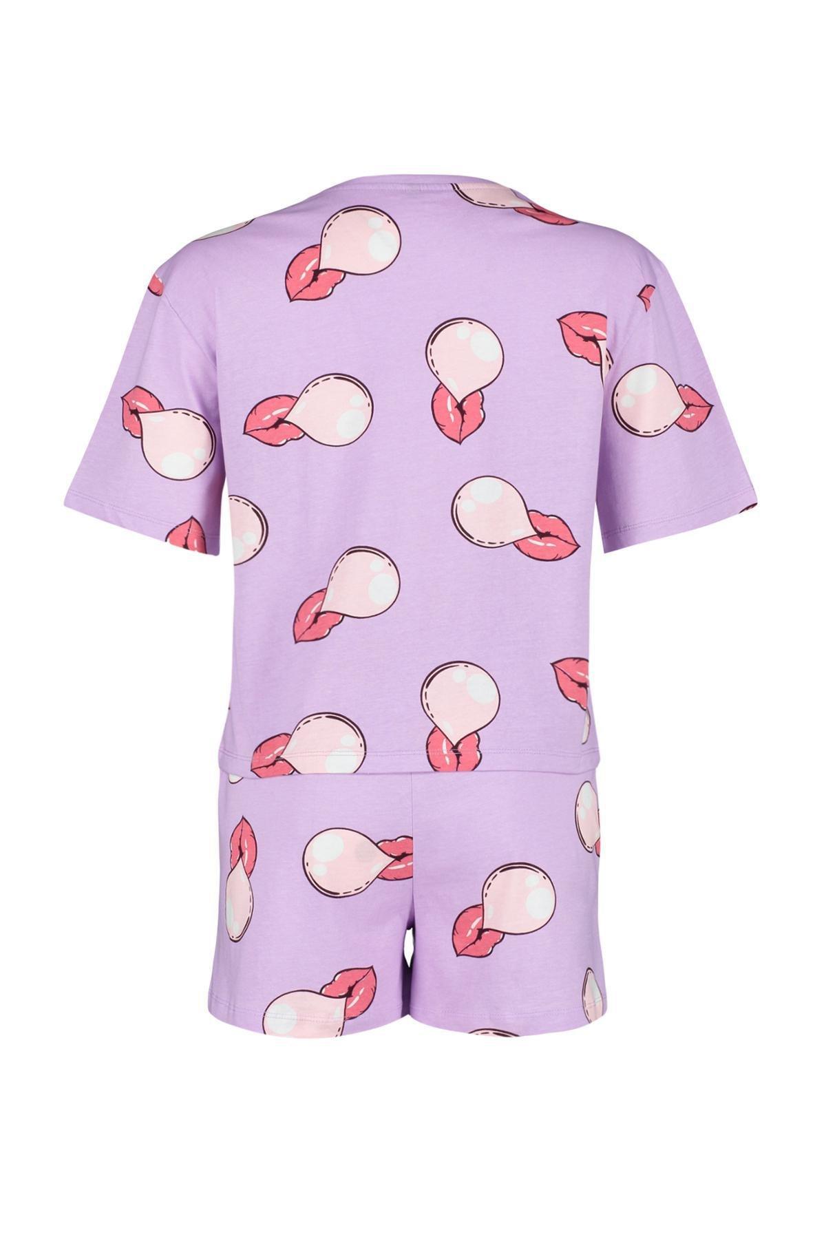 Trendyol - Purple Cotton Lip Printed Pajamas Set