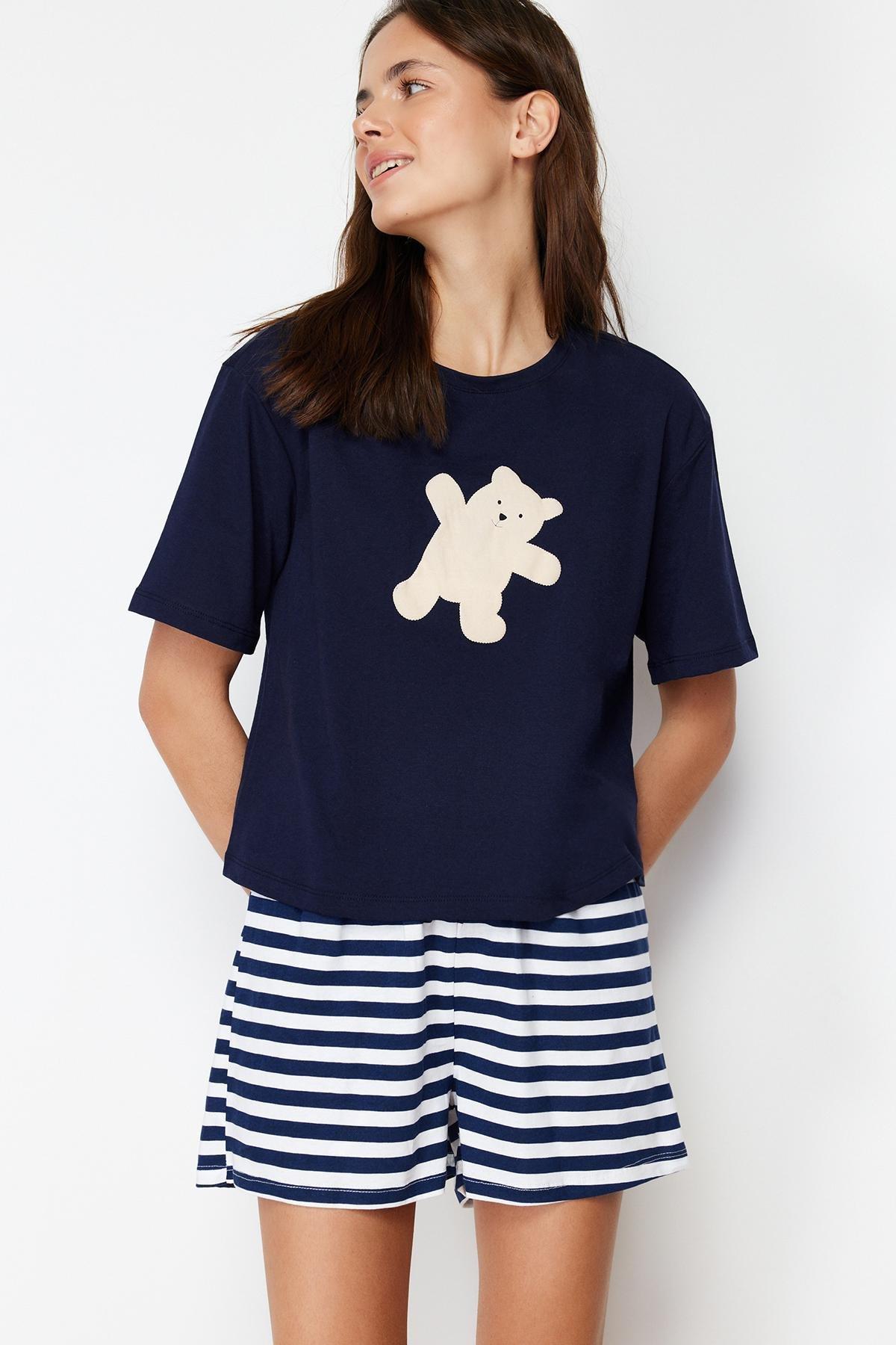 Navy Printed Knitted Pyjamas Set, , large image number 0
