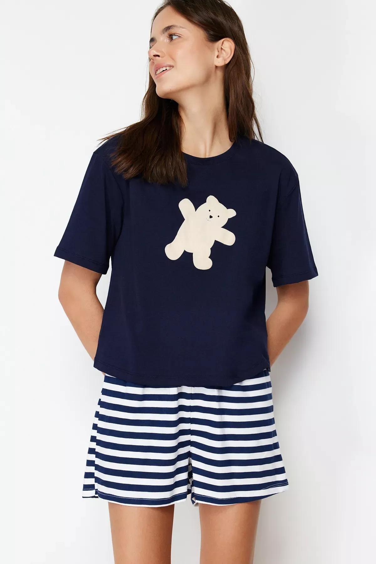 Navy Printed Knitted Pyjamas Set, , large image number 0