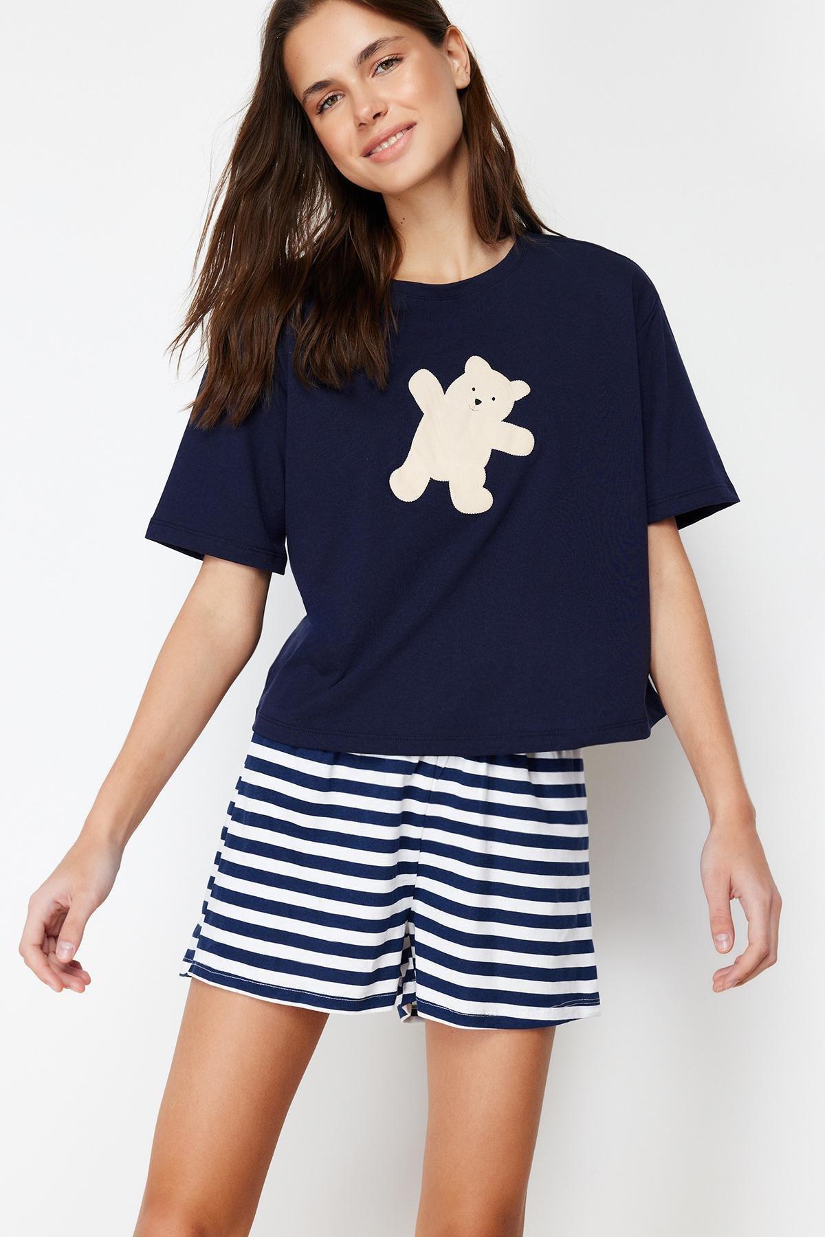 Navy Printed Knitted Pyjamas Set, , large image number 1