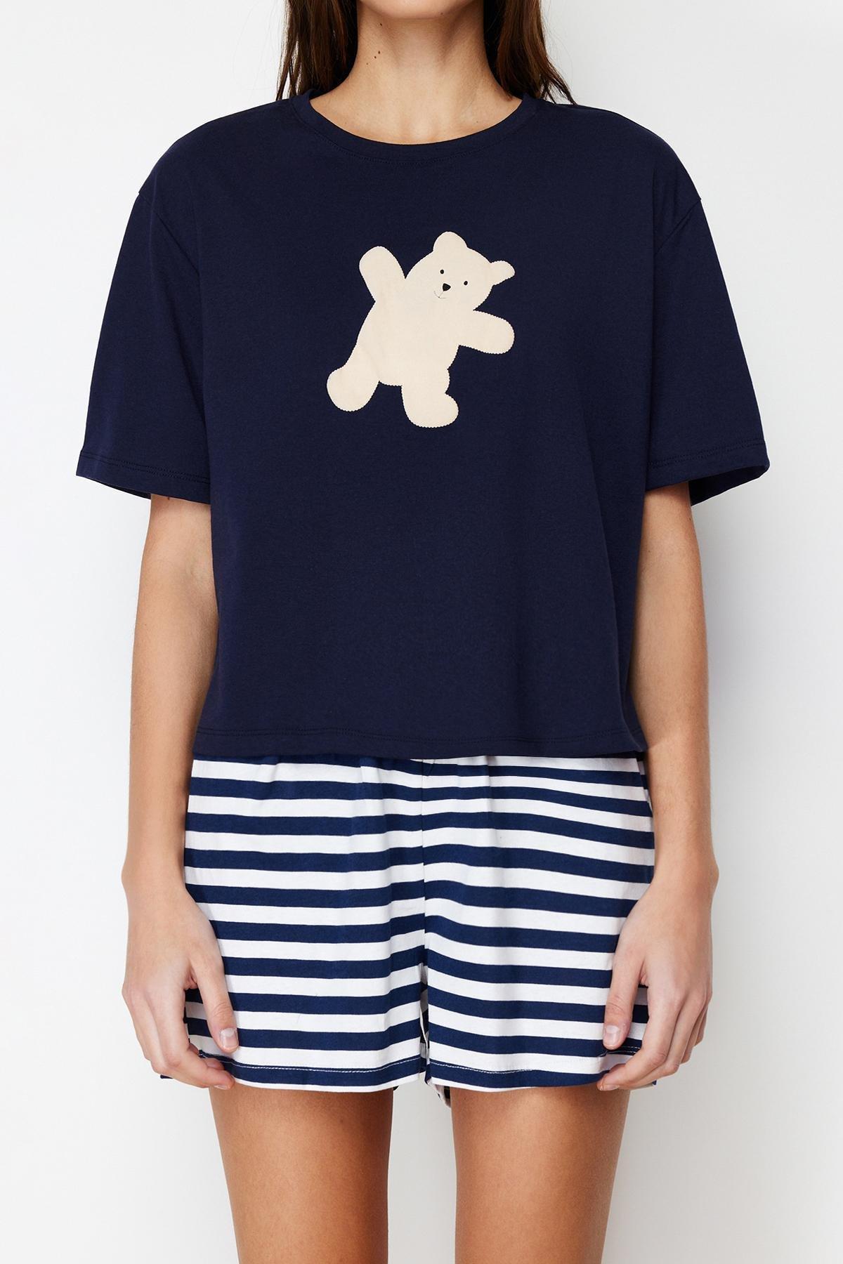 Navy Printed Knitted Pyjamas Set, , large image number 2
