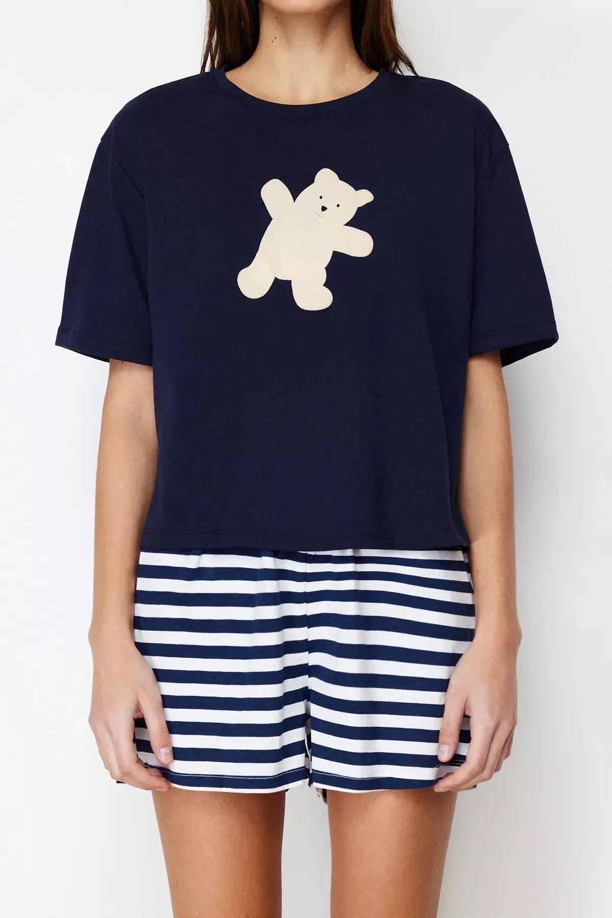 Navy Printed Knitted Pyjamas Set, , large image number 3