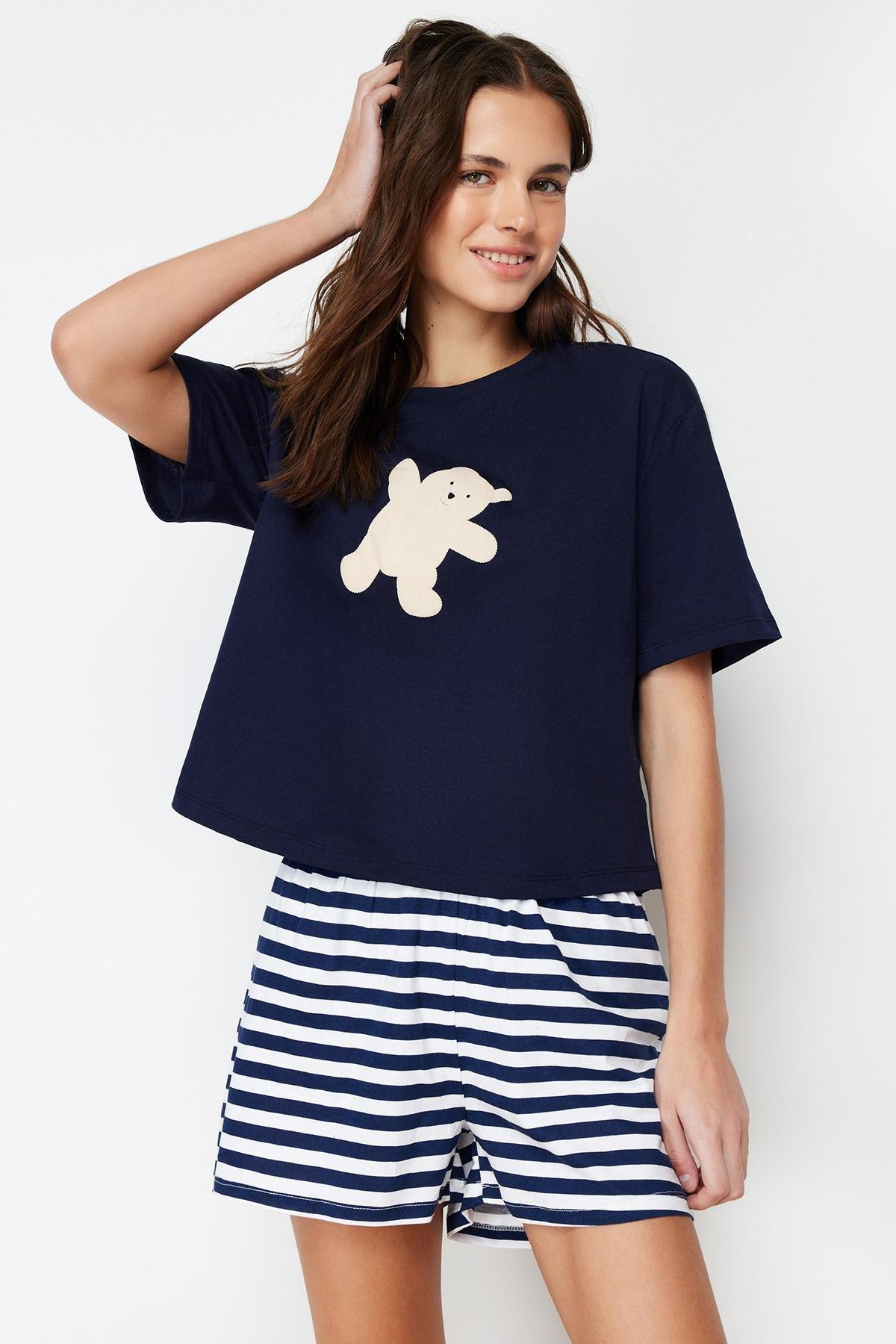 Navy Printed Knitted Pyjamas Set, , large image number 6