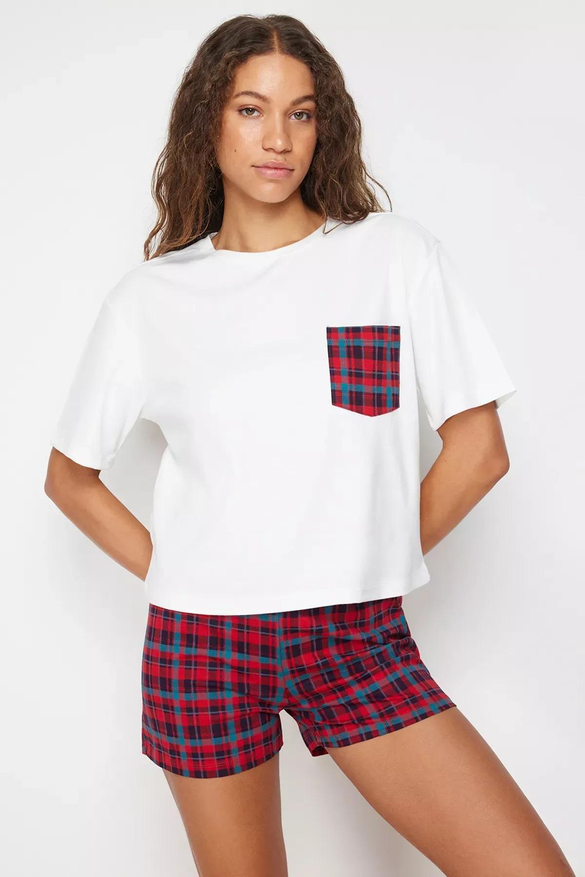 White Multi Color Plaid Pajamas Set, White, large image number 0