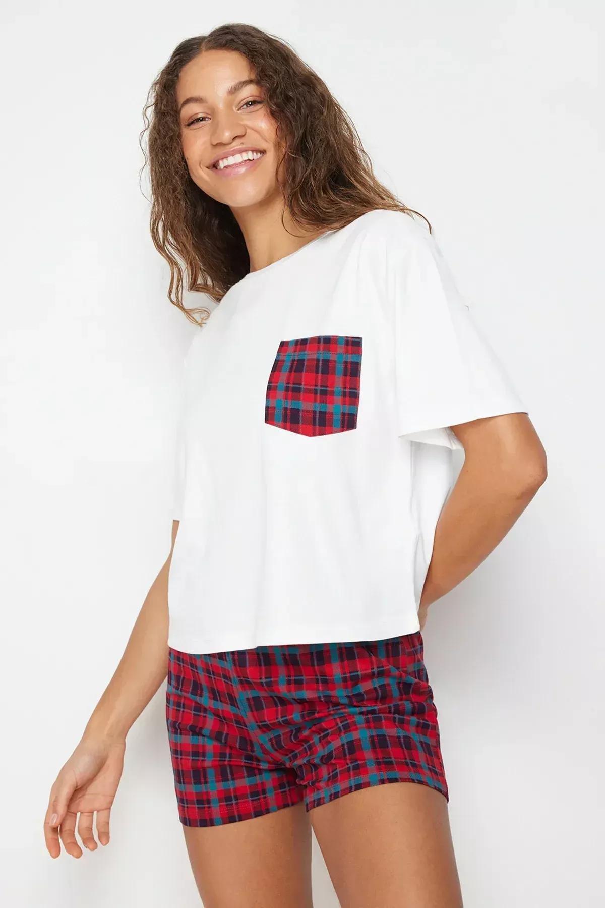 White Multi Color Plaid Pajamas Set, White, large image number 1