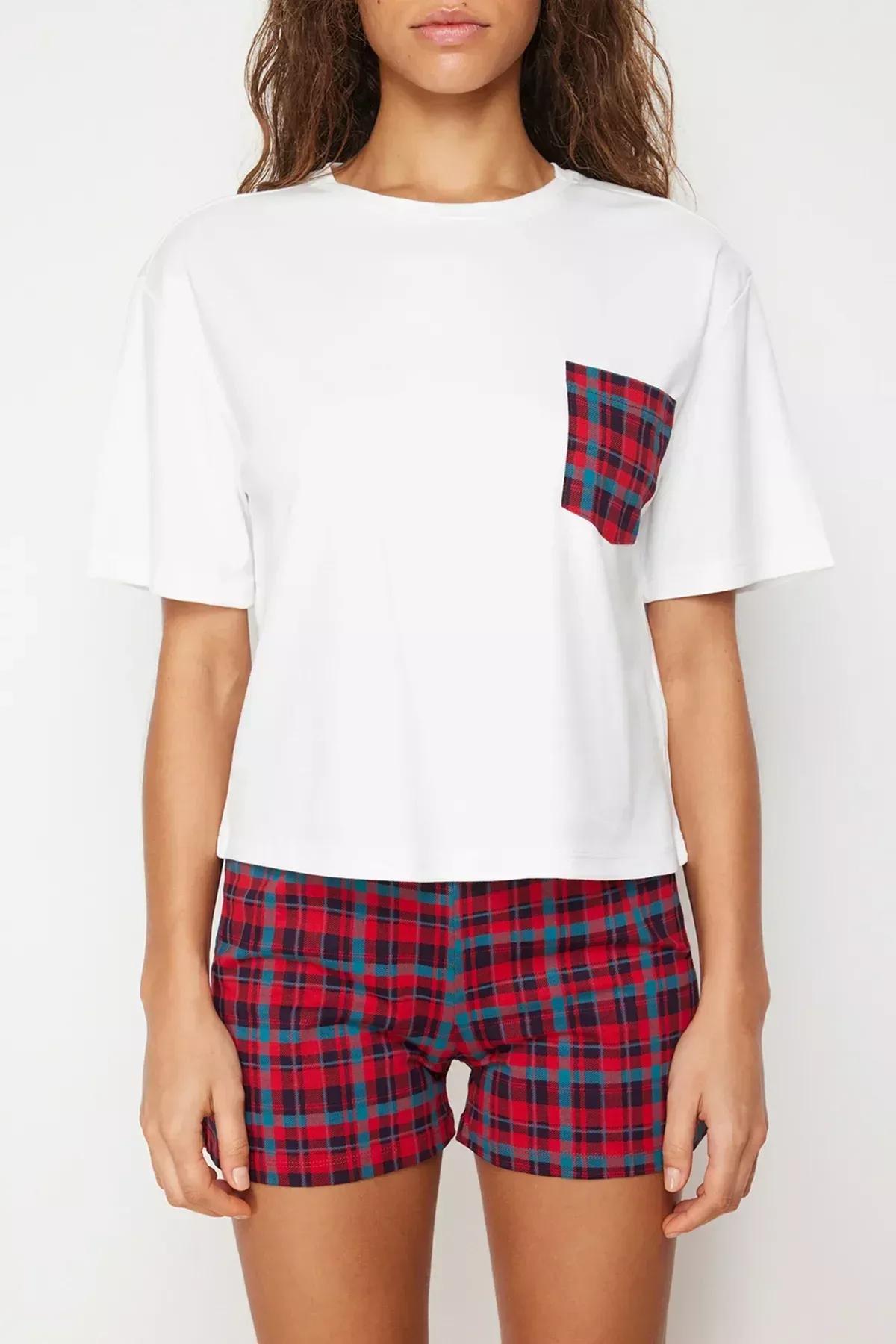 White Multi Color Plaid Pajamas Set, White, large image number 3