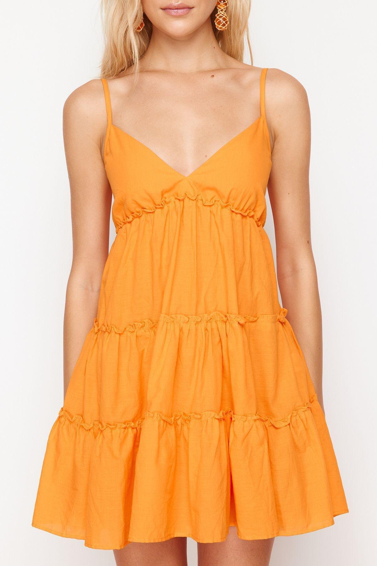 Orange Mini Woven Ruffled 100% Cotton Beach Dress TBESS24EL00069, , large image number 3