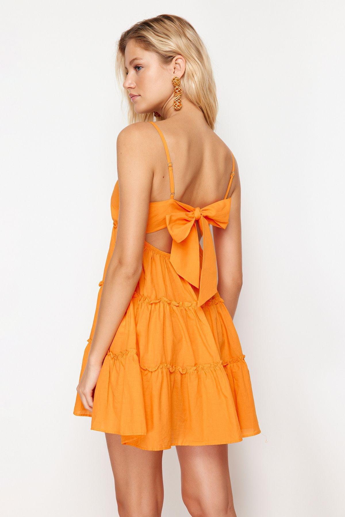 Orange Mini Woven Ruffled 100% Cotton Beach Dress TBESS24EL00069, , large image number 4