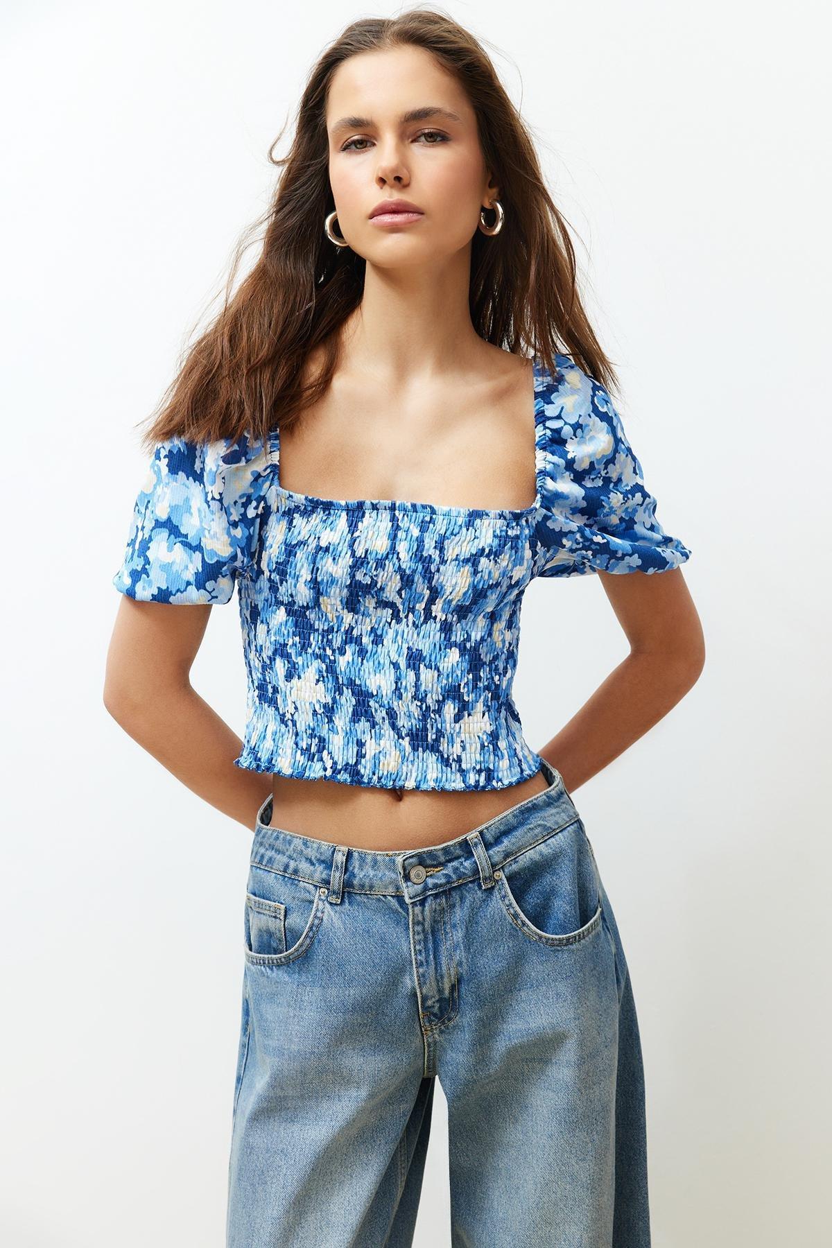 Blue Gimped Square Neck Fitted/Situated Crop Knitted Blouse TWOSS24BZ00313, single, , large image number 0