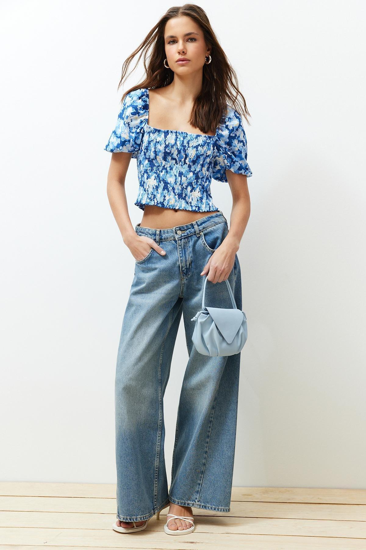 Blue Gimped Square Neck Fitted/Situated Crop Knitted Blouse TWOSS24BZ00313, single, , large image number 2