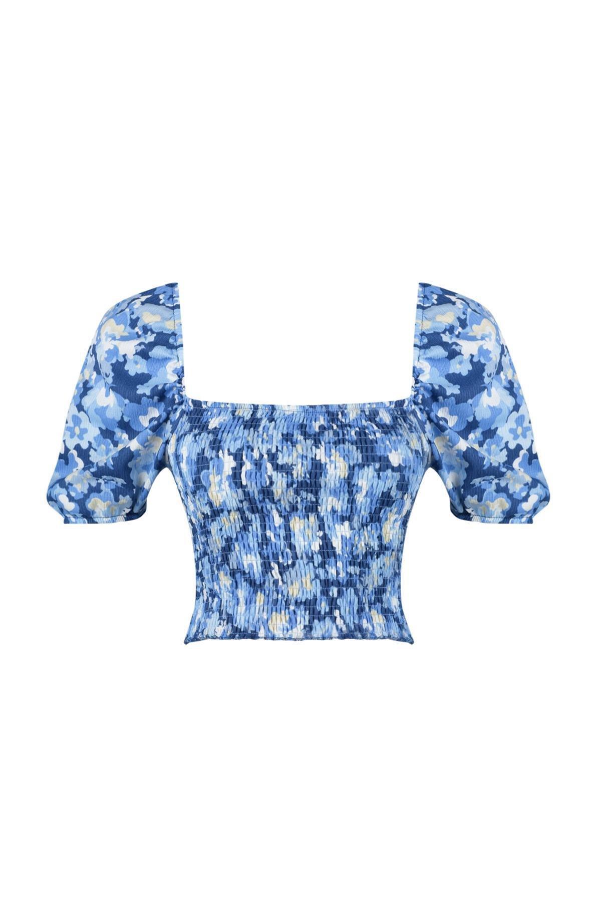 Blue Gimped Square Neck Fitted/Situated Crop Knitted Blouse TWOSS24BZ00313, single, , large image number 5