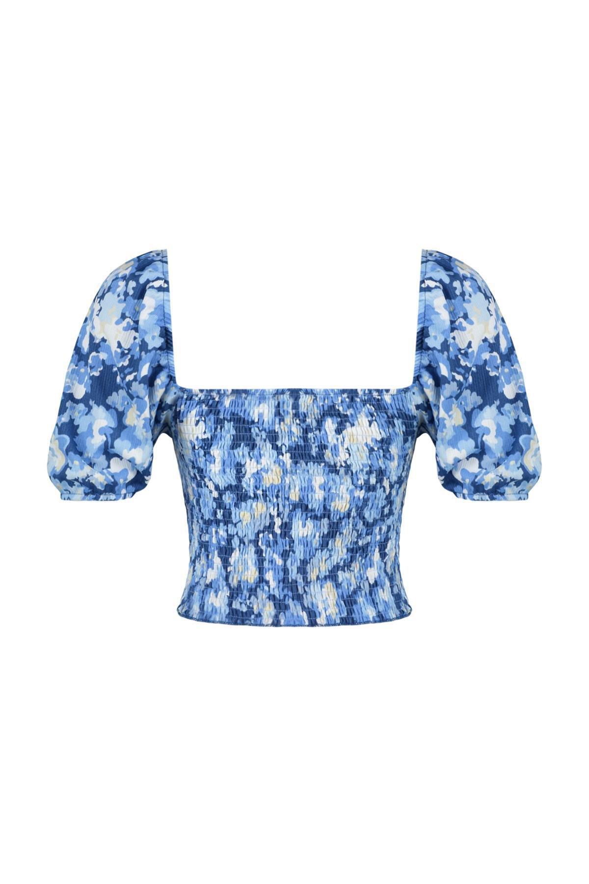 Blue Gimped Square Neck Fitted/Situated Crop Knitted Blouse TWOSS24BZ00313, single, , large image number 6
