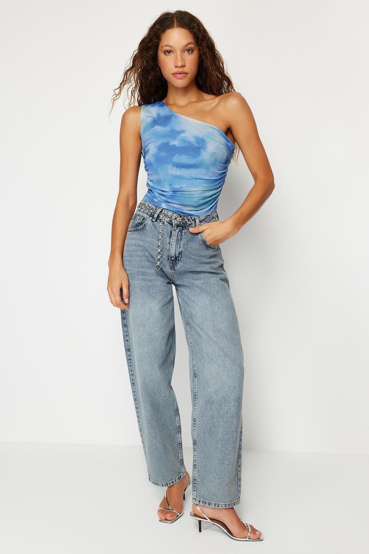 Navy Draped One-Shoulder Tulle Elastic Blouse, , large image number 1