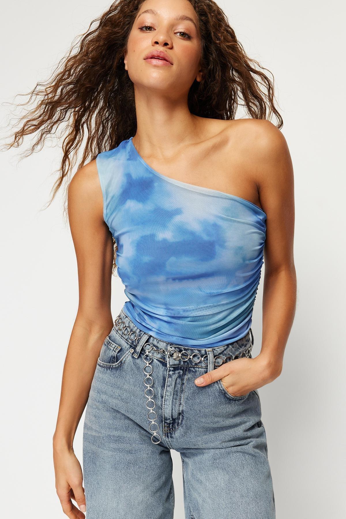 Navy Draped One-Shoulder Tulle Elastic Blouse, , large image number 2