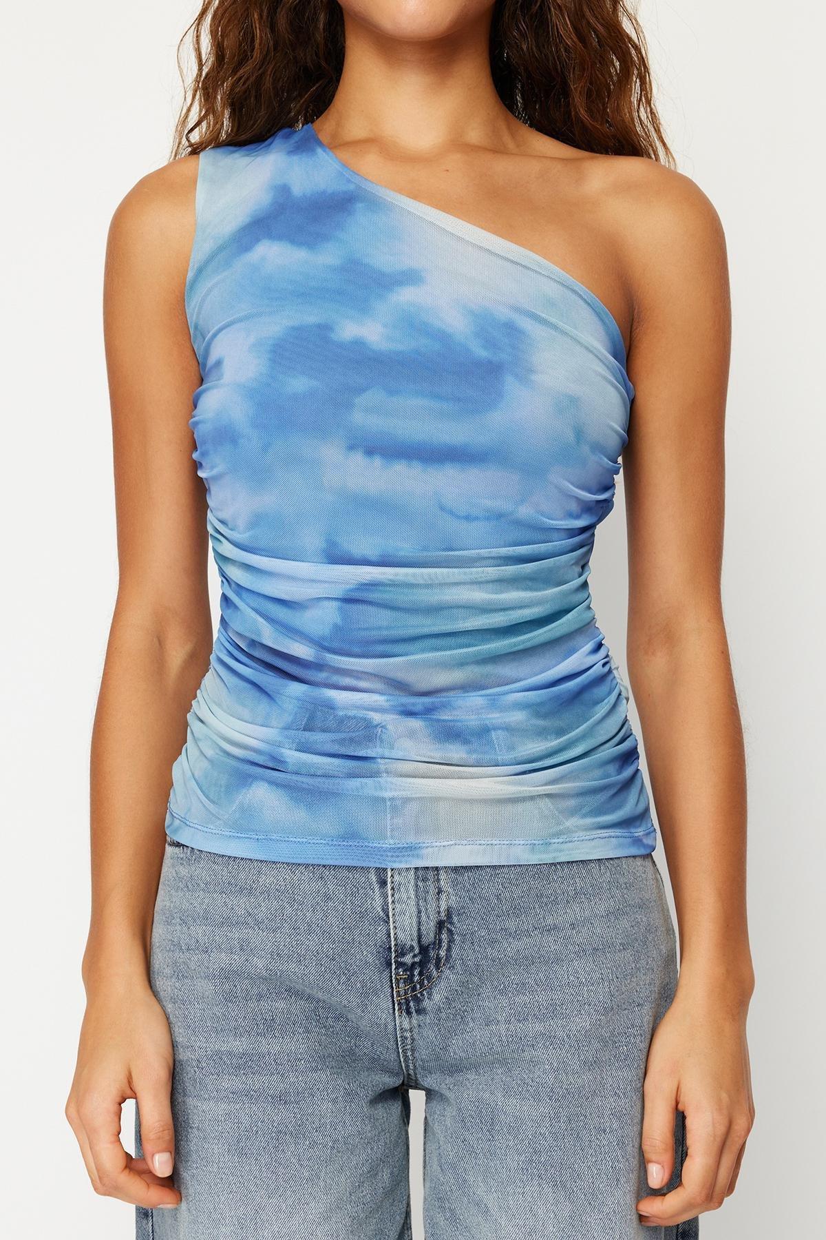 Navy Draped One-Shoulder Tulle Elastic Blouse, , large image number 4
