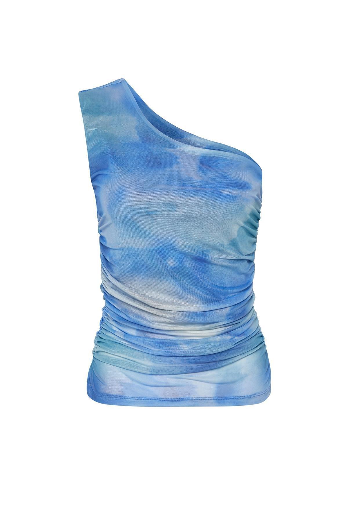 Navy Draped One-Shoulder Tulle Elastic Blouse, , large image number 5