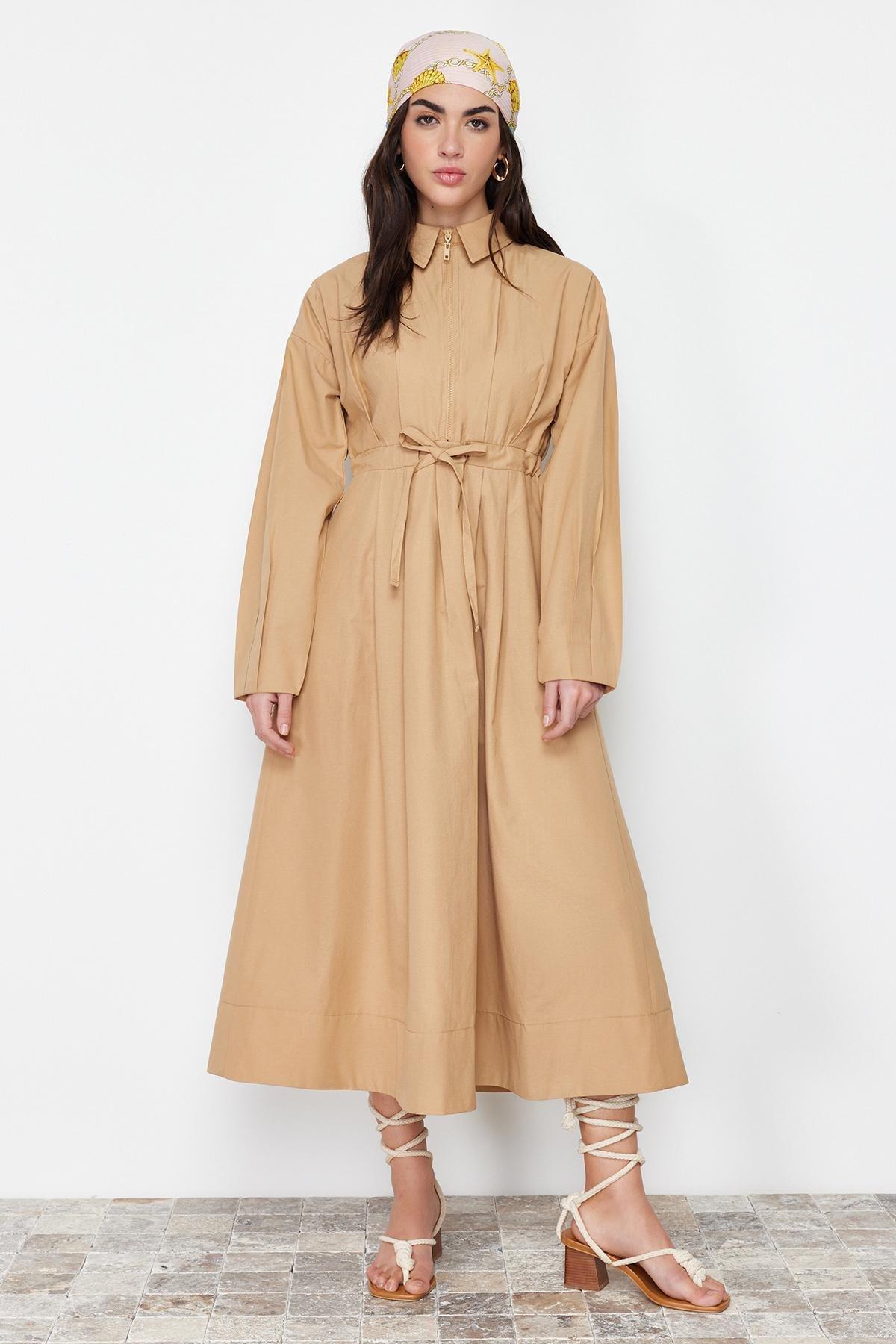 Beige Zipper Detailed Woven Dress, , large image number 0