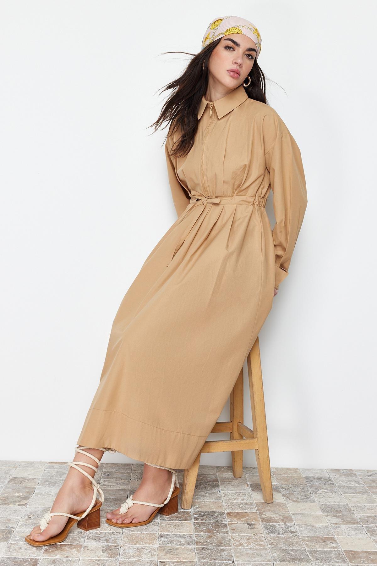 Beige Zipper Detailed Woven Dress, , large image number 1