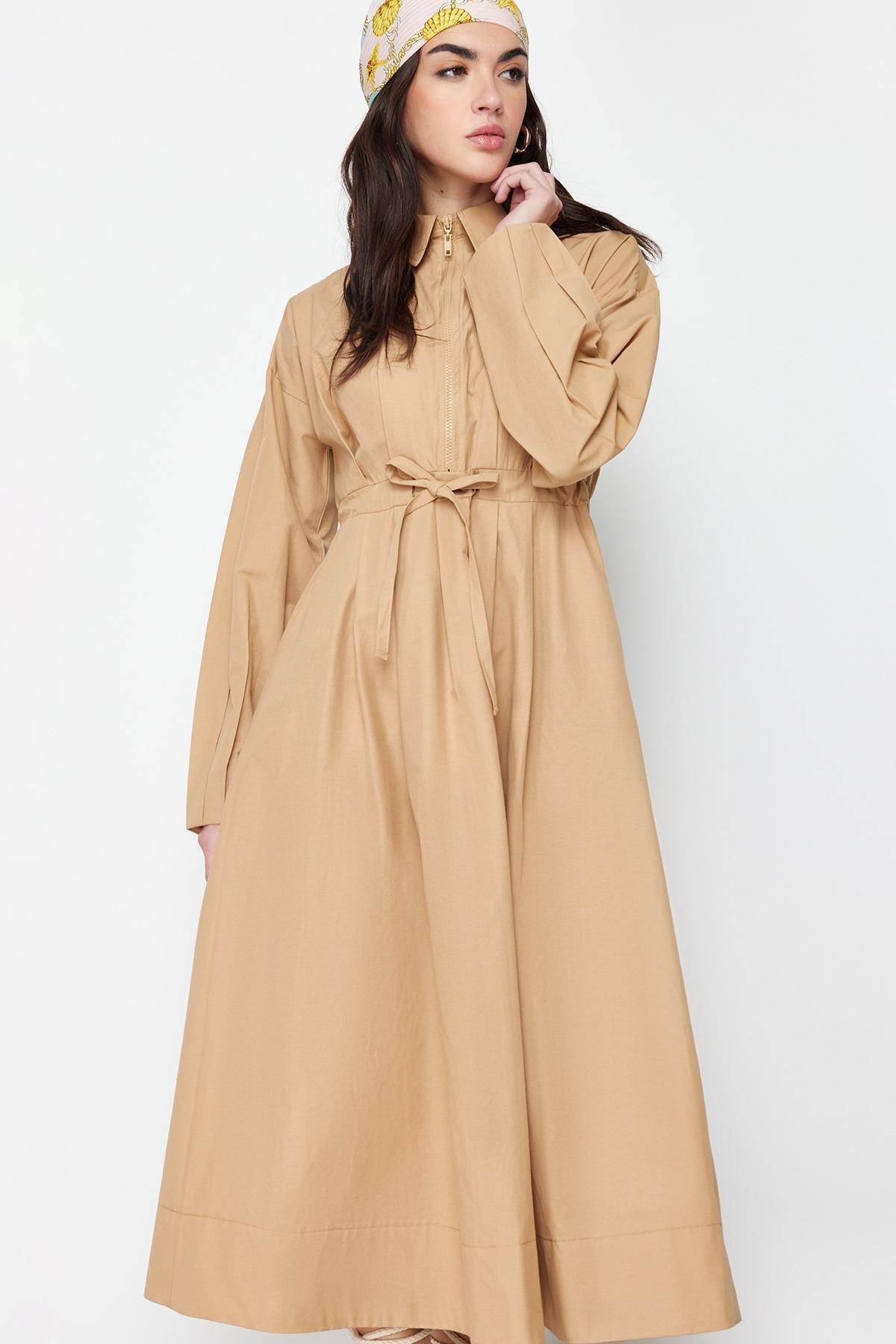 Beige Zipper Detailed Woven Dress, , large image number 2